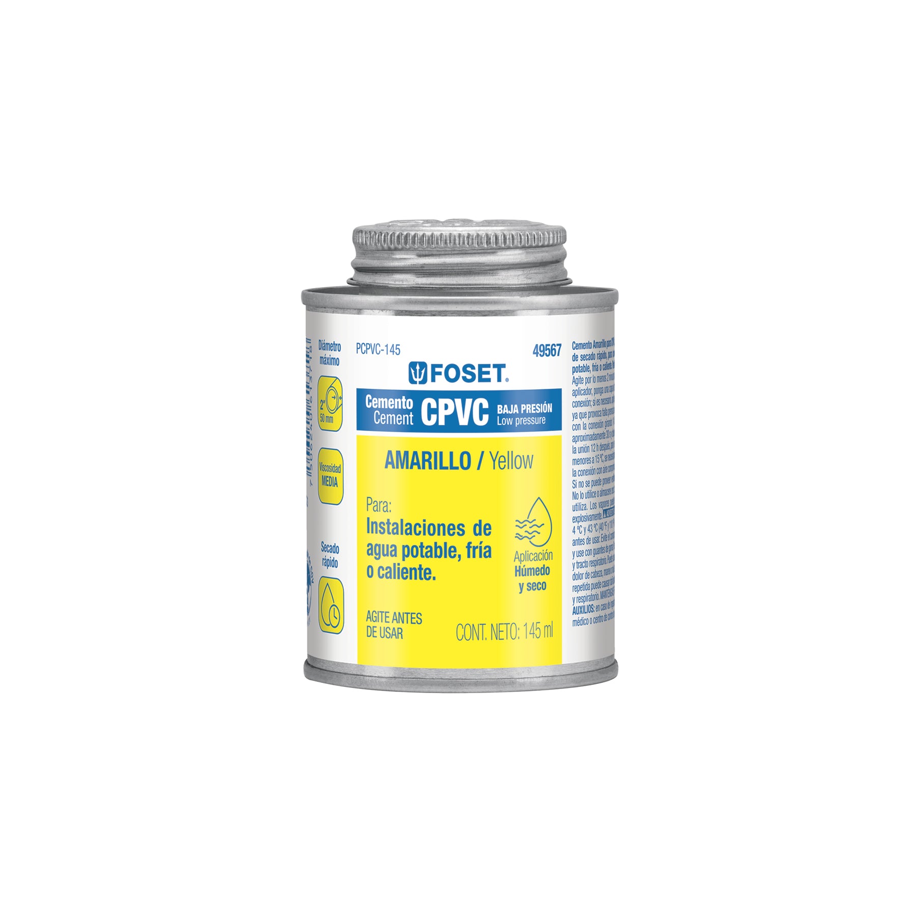 Cemento para CPVC, amarillo, toda presión, lata 145ml, Foset