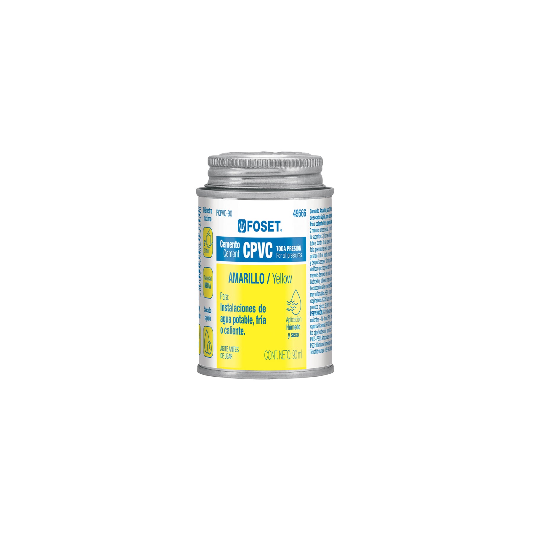 Cemento para CPVC, amarillo, toda presión, lata 90ml, Foset