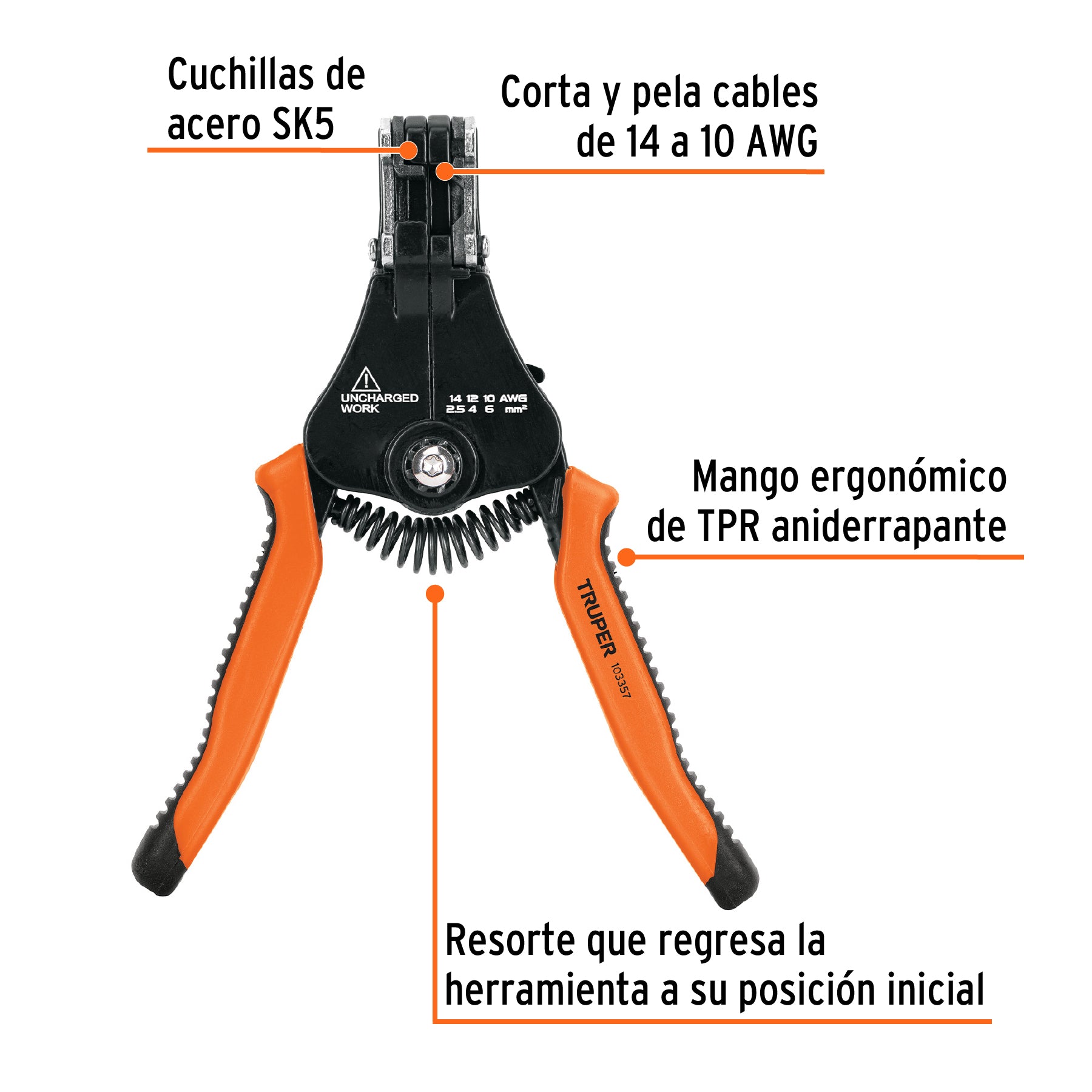 Pinza 6.5" pela cables automática, 14 a 10 AWG, Truper