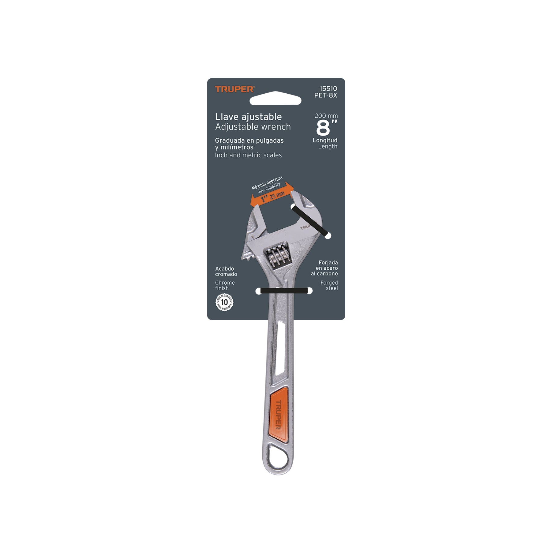 Llave ajustable (perico) 8" cromada, Truper, PET-8X, 15510