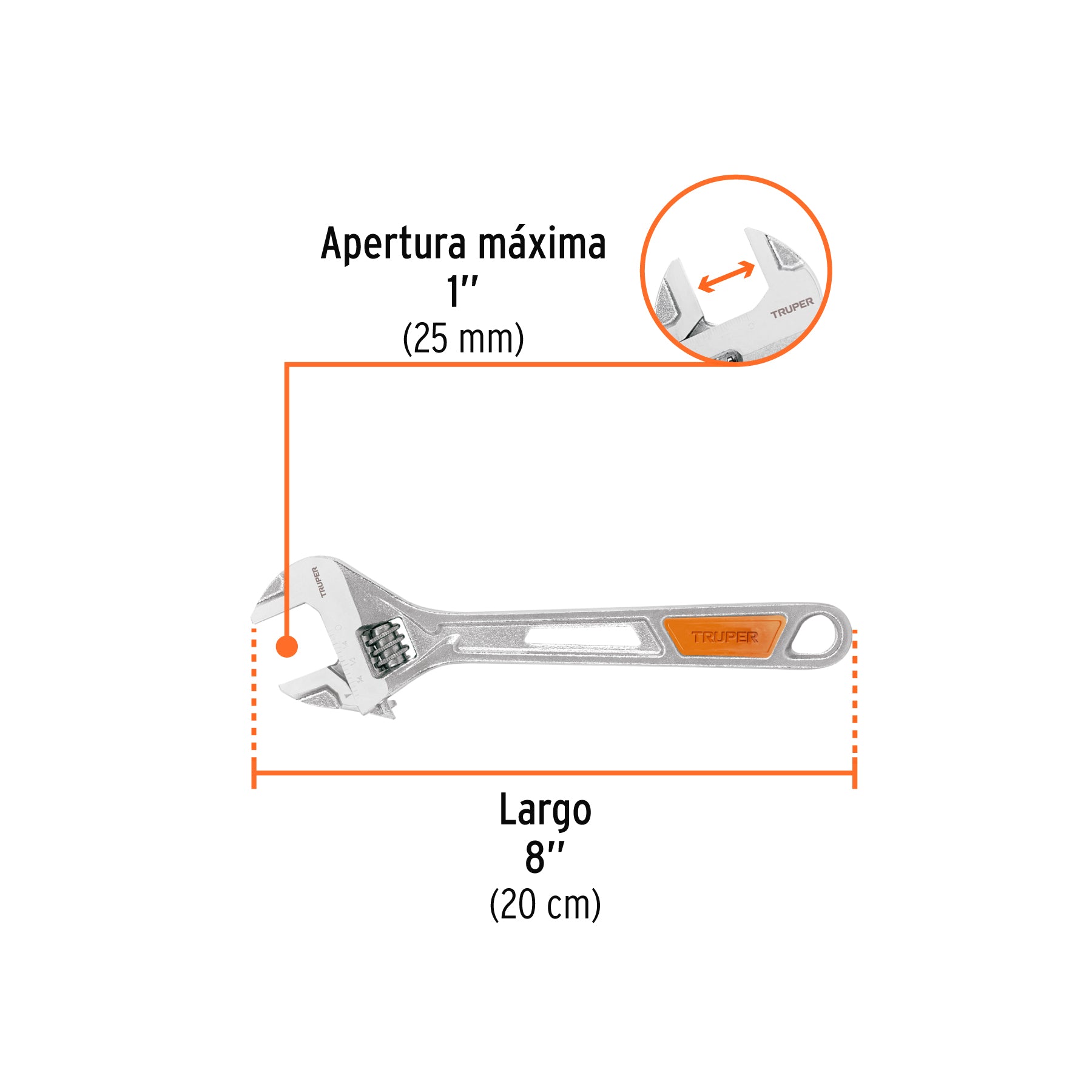 Llave ajustable (perico) 8" cromada, Truper, PET-8X, 15510