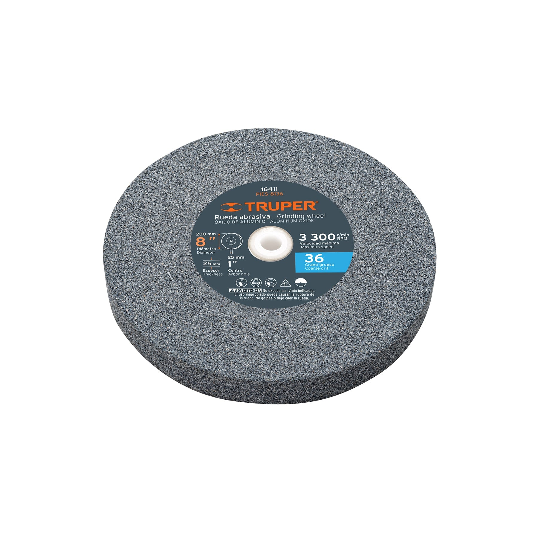Rueda abrasiva para esmeril 8"x25mm, óxido aluminio, grano 36