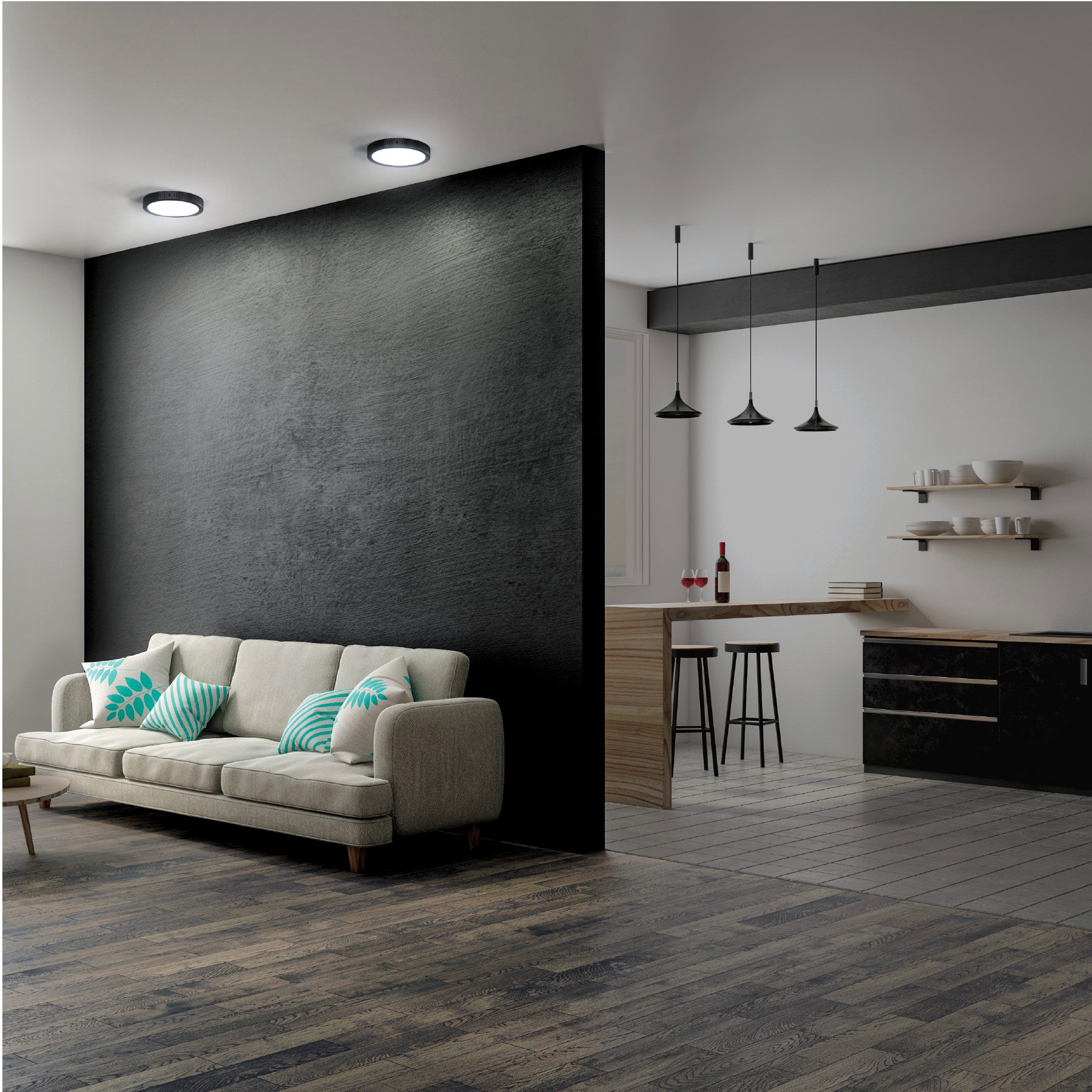 Luminario LED tipo plafón 6 W, redondo, luz de día, negro