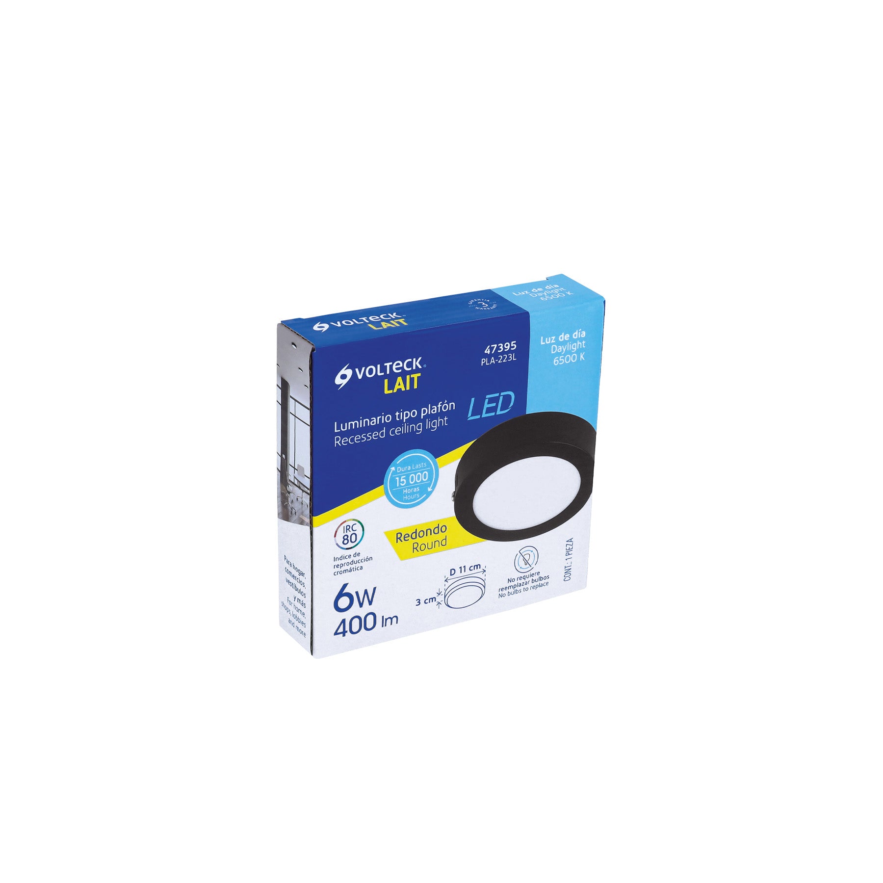 Luminario LED tipo plafón 6 W, redondo, luz de día, negro