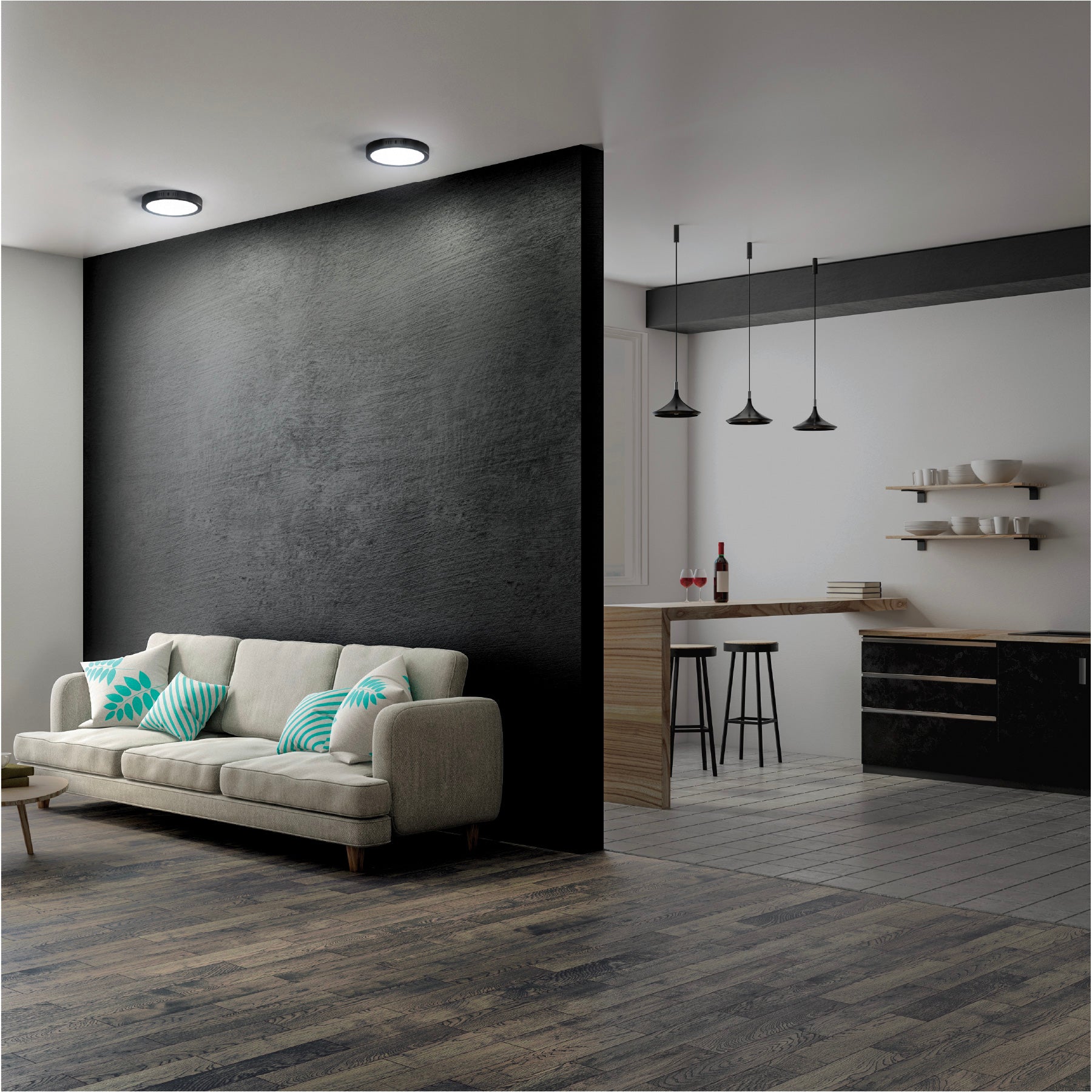 Luminario LED tipo plafón 12 W, redondo, luz de día, negro
