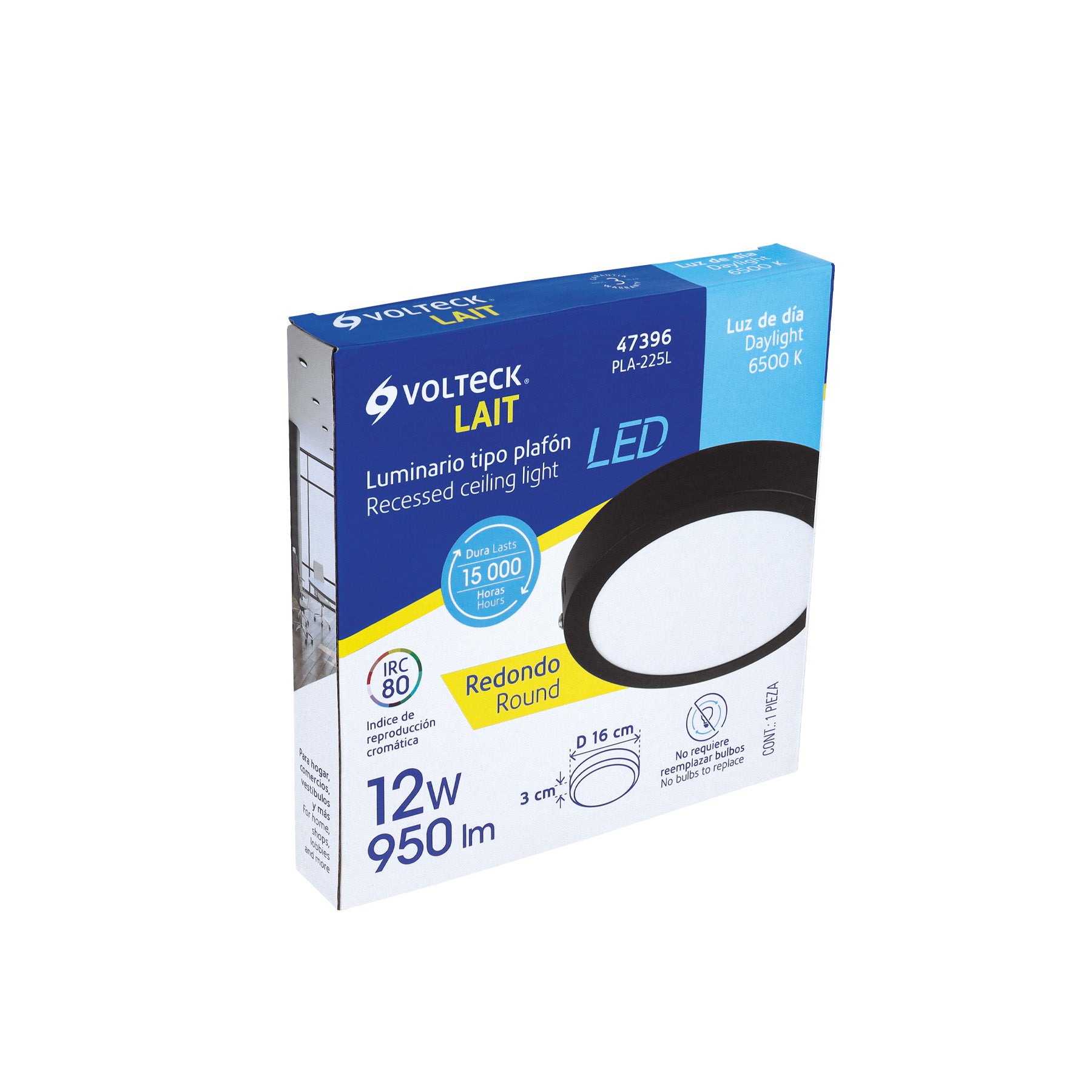 Luminario LED tipo plafón 12 W, redondo, luz de día, negro