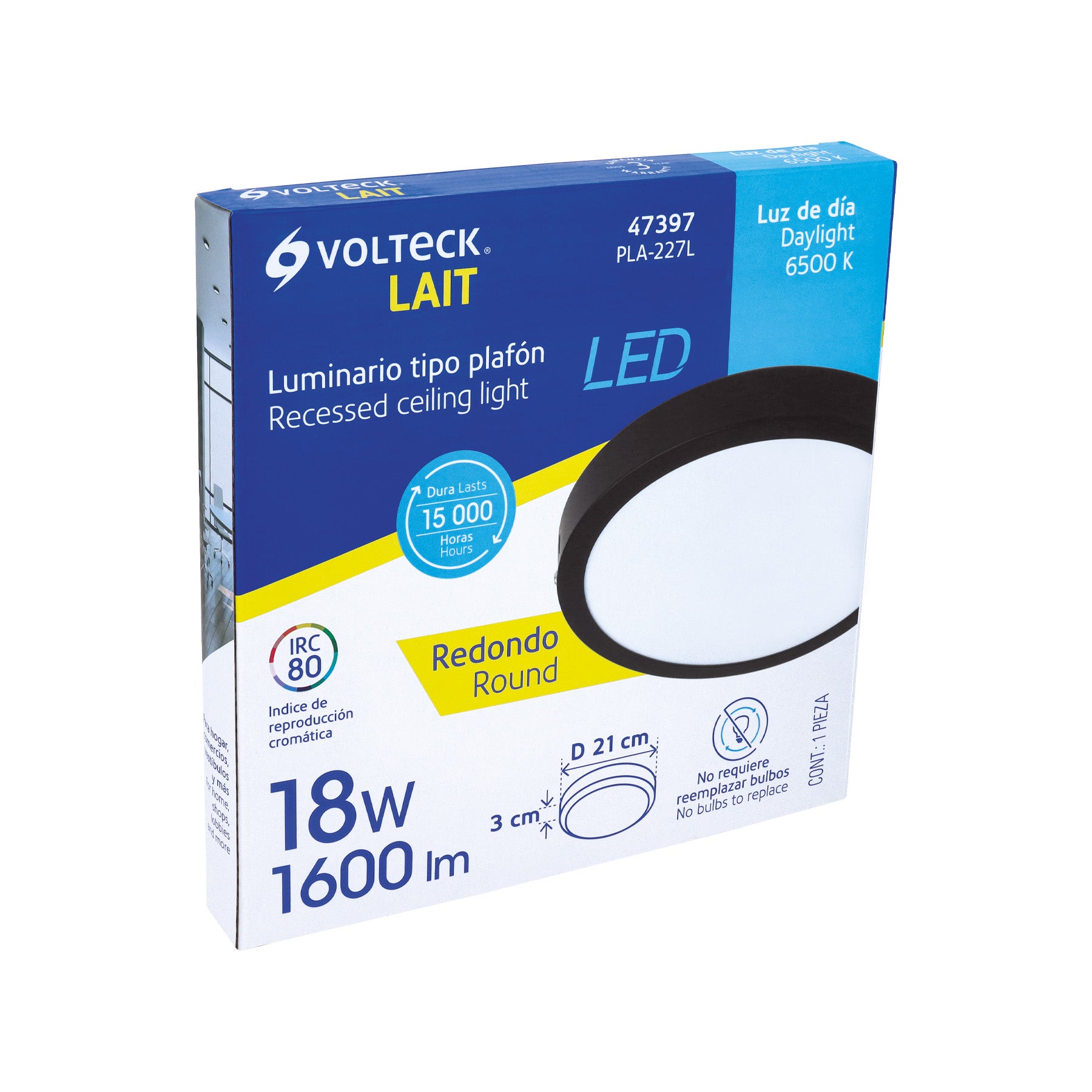 Luminario LED tipo plafón 18 W, redondo, luz de día, negro