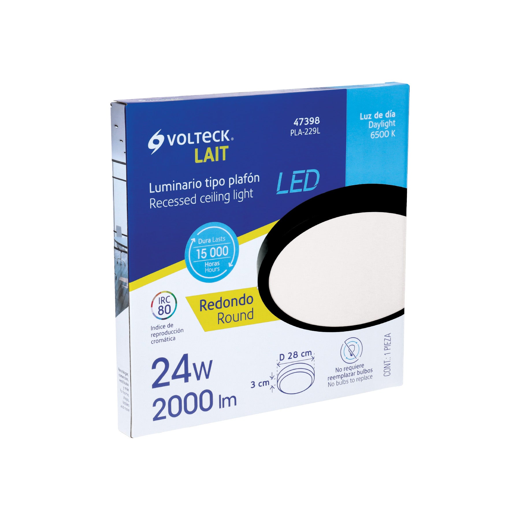 Luminario LED tipo plafón 24 W, redondo, luz de día, negro