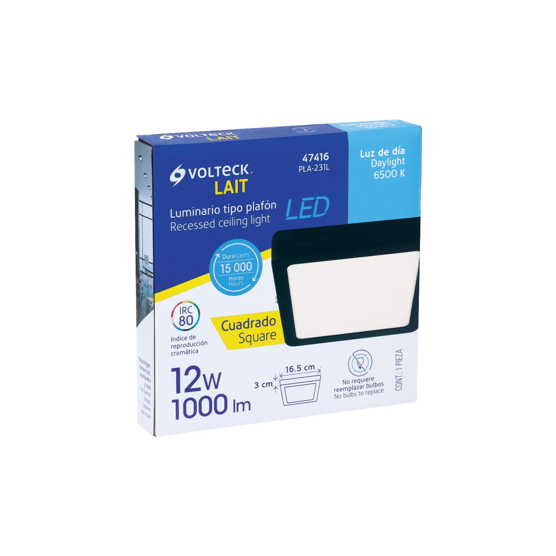 Luminario LED tipo plafón 12 W, cuadrado, luz de día, negro