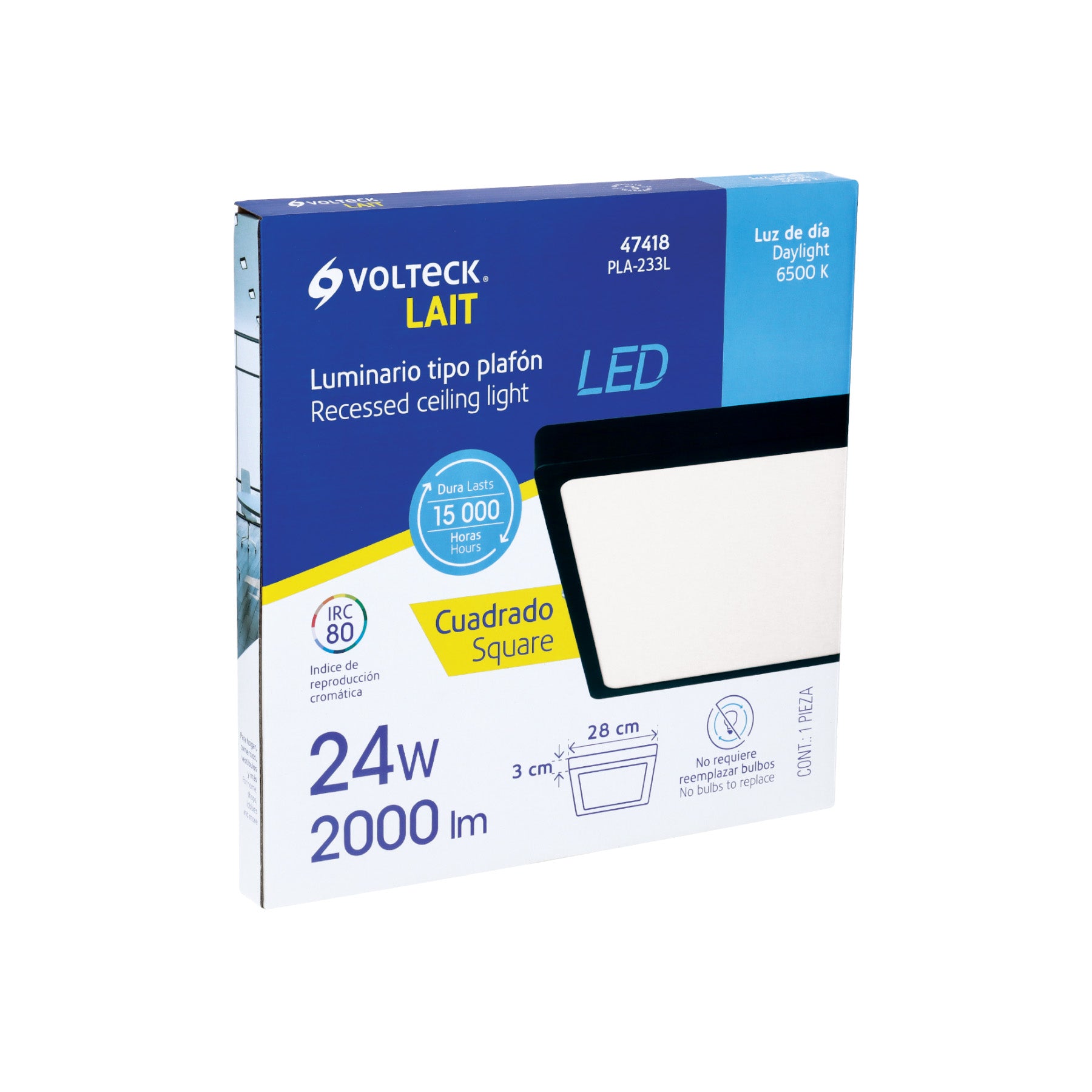 Luminario LED tipo plafón 24 W, cuadrado, luz de día, negro
