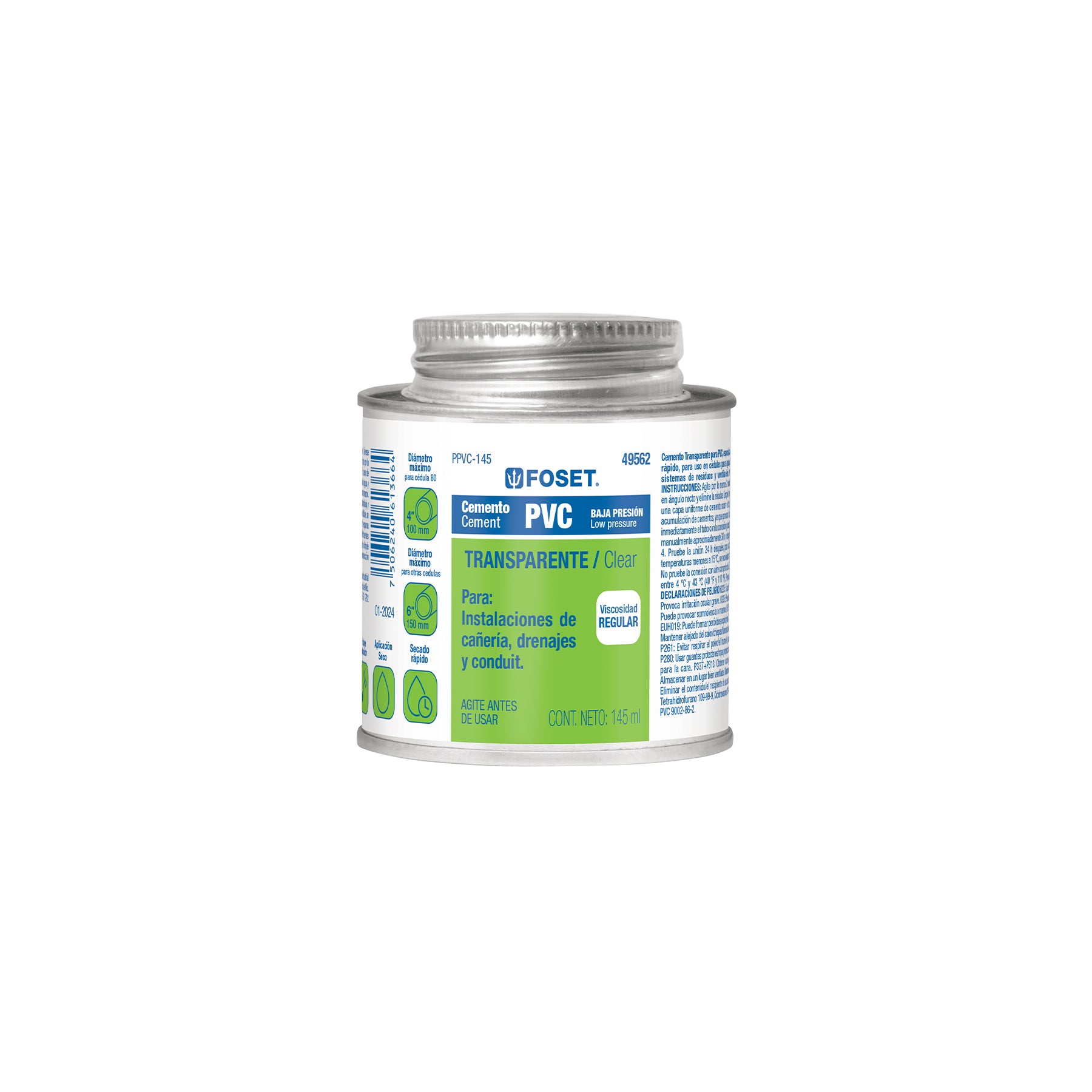 Cemento para PVC, transparente, baja presión, lata 145ml, Foset
