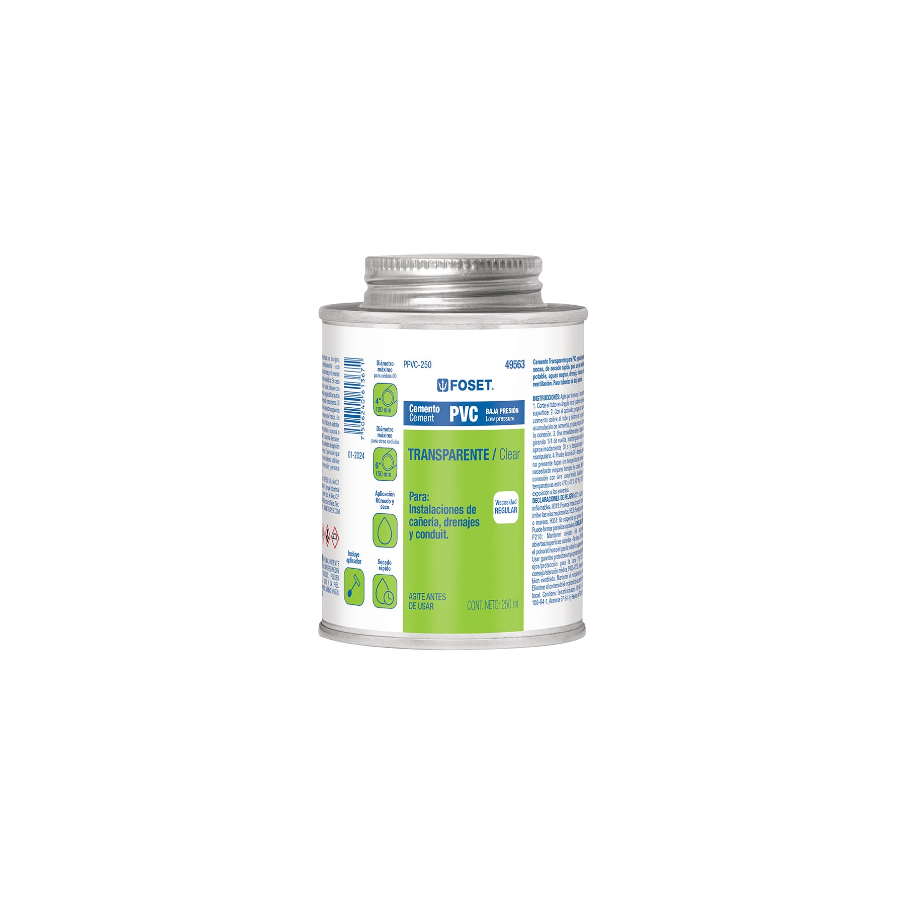 Cemento para PVC, transparente, baja presión, lata 250ml, Foset