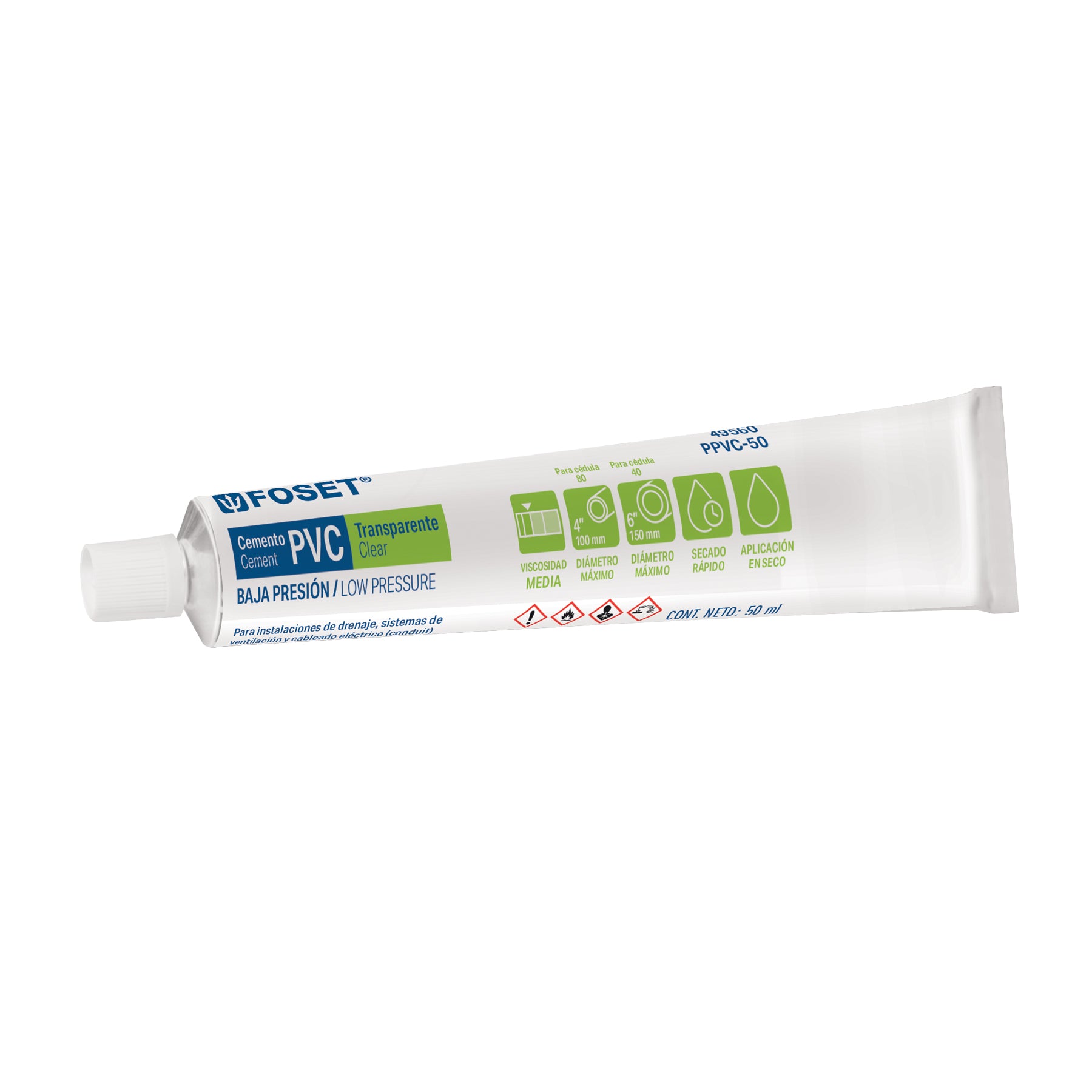 Cemento para PVC, transparente, baja presión, tubo 50ml, Foset