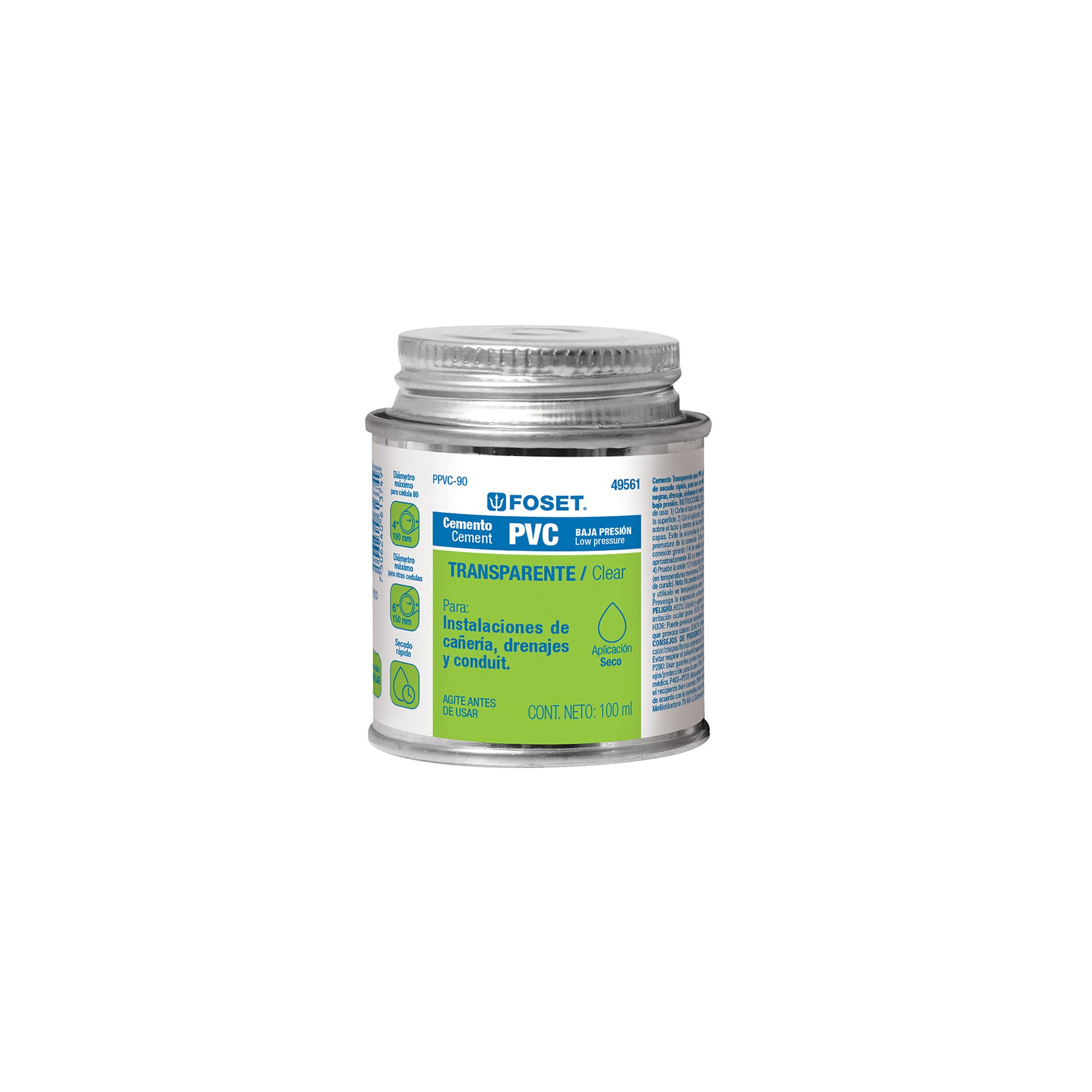Cemento para PVC, transparente, baja presión, lata 90ml, Foset