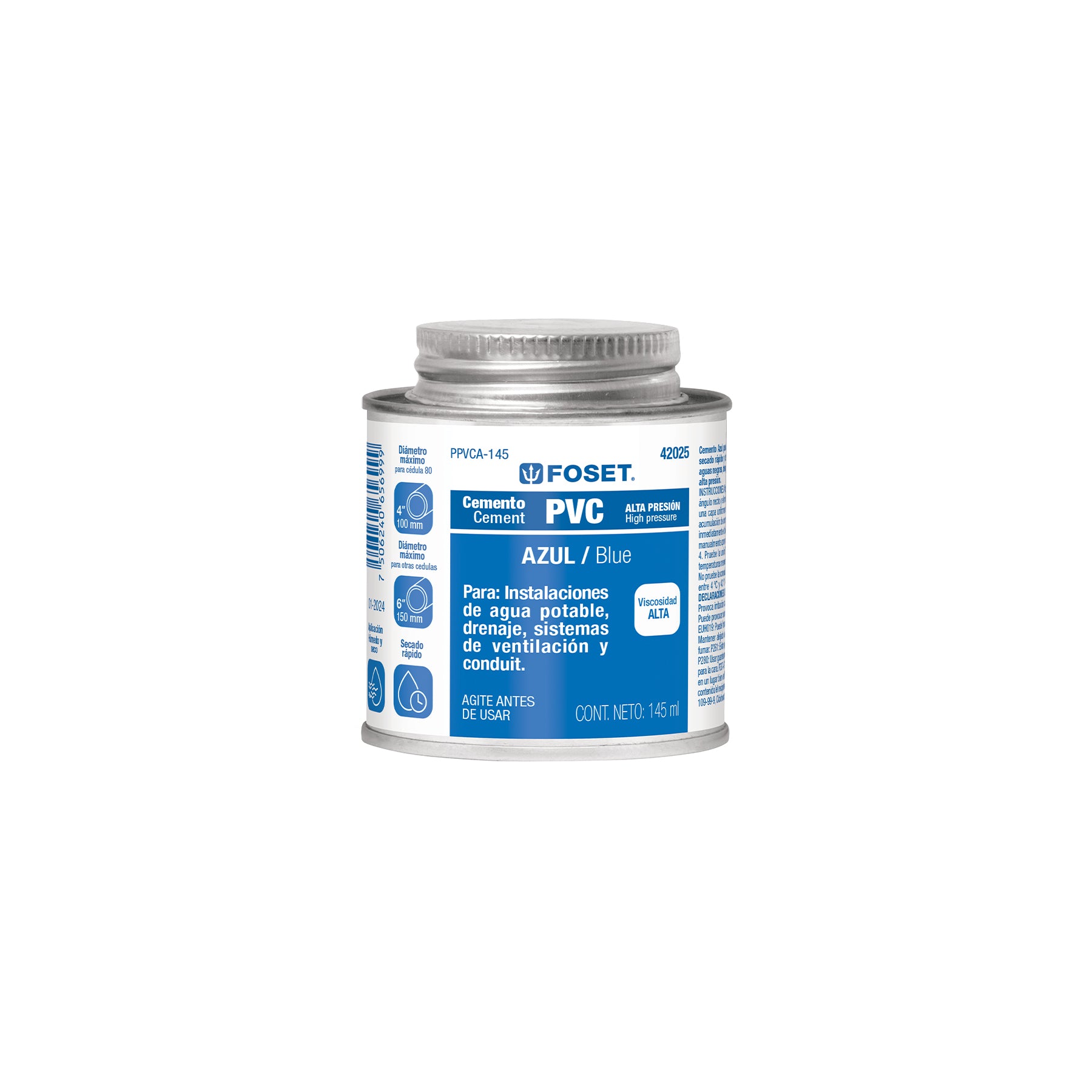 Cemento para PVC, azul, alta presión, lata 145ml, Foset