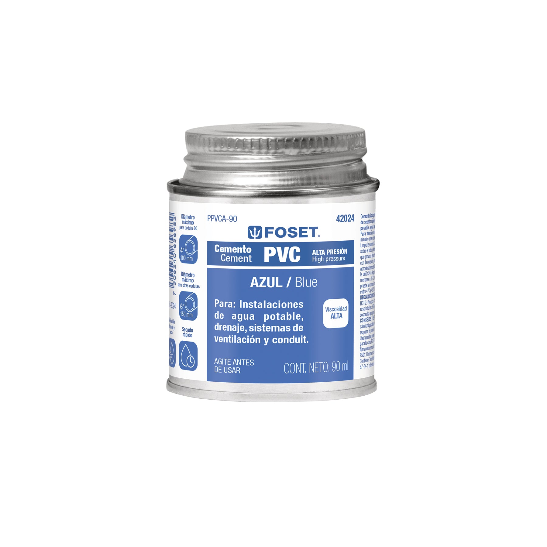 Cemento para PVC, azul, alta presión, lata 90ml, Foset