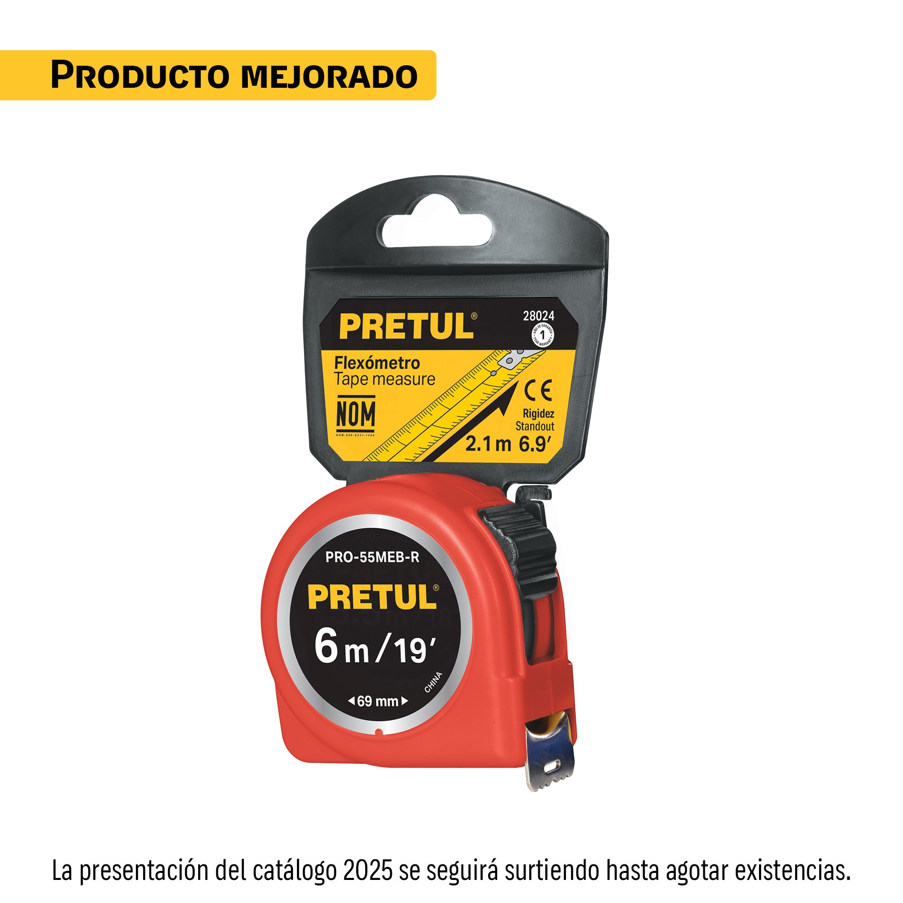 Flexómetro rojo 5.5 m cinta 25 mm, en tarjeta, Pretul