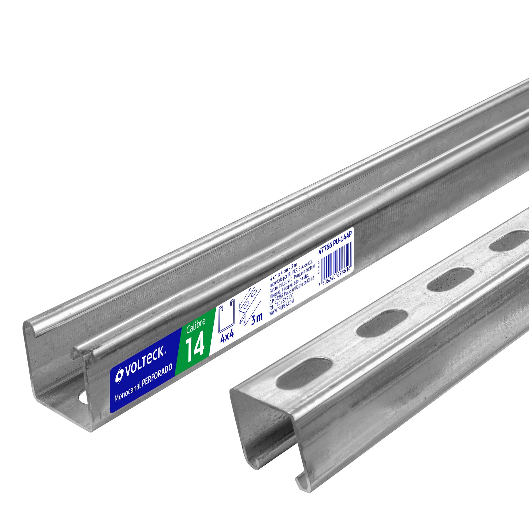Perfil monocanal perforado de 3 m, 4 x 4 cm cal. 14, Volteck, PU-144P, 47766