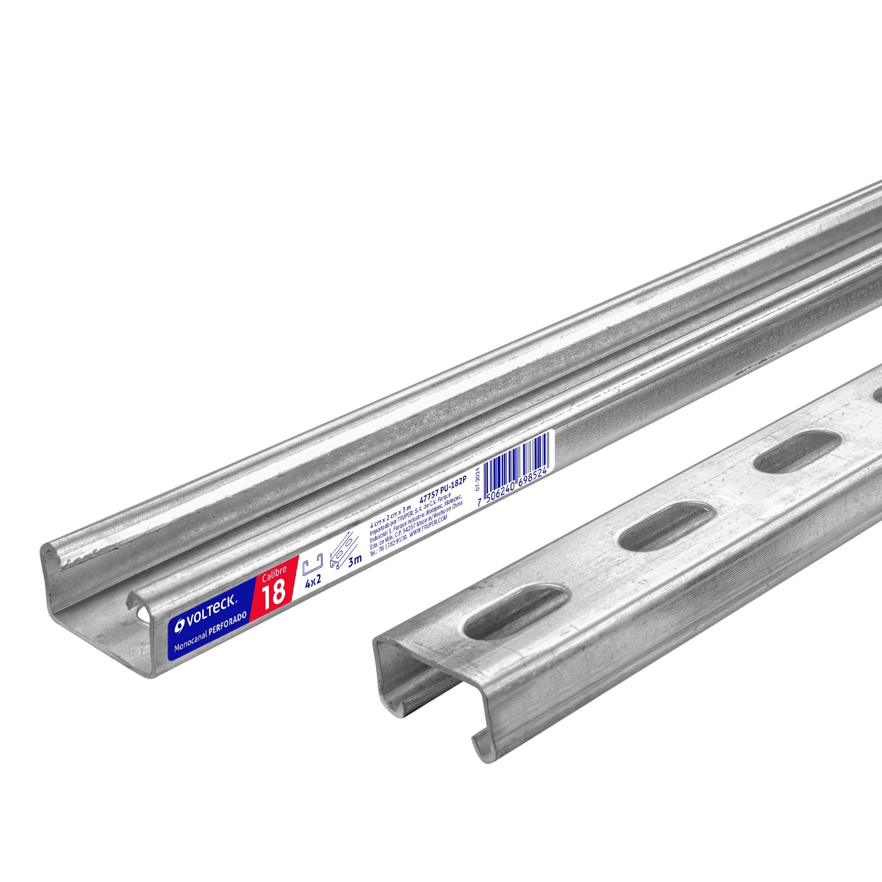 Perfil monocanal perforado de 3 m, 4 x 2 cm cal. 18, Volteck, PU-182P, 47757