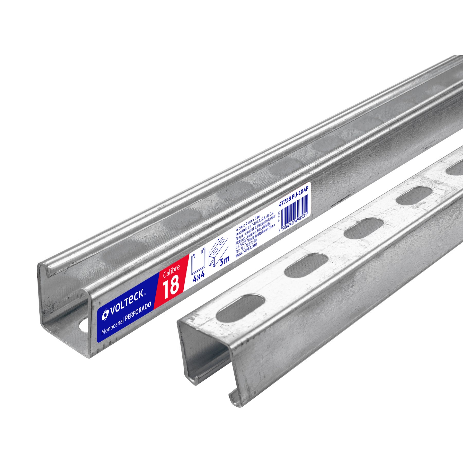 Perfil monocanal perforado de 3 m, 4 x 4 cm cal. 18, Volteck, PU-184P, 47758