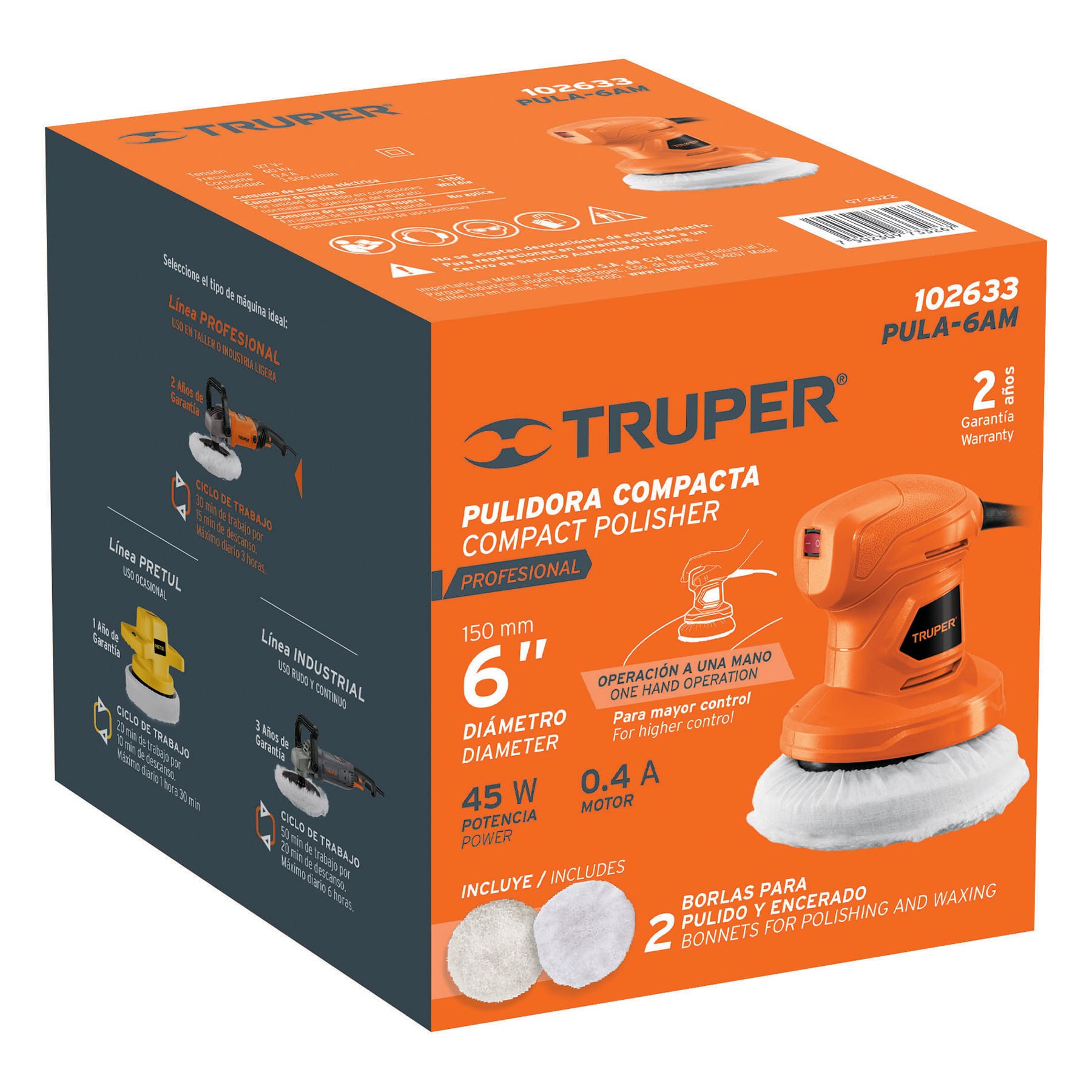 Pulidora compacta a una mano, 6", 45W, Truper PRO