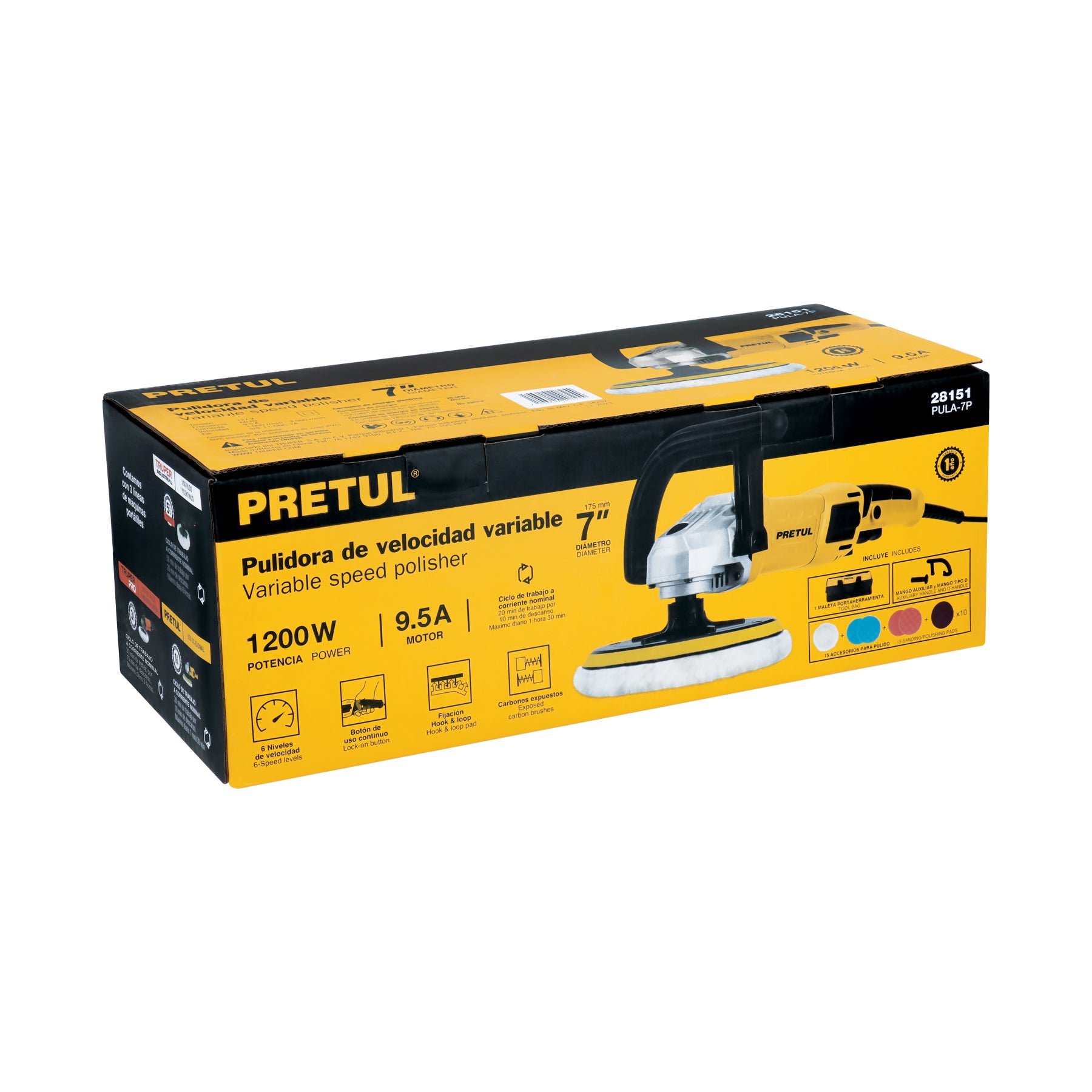 Pulidora velocidad variable 7" 1200W, con accesorios, Pretul