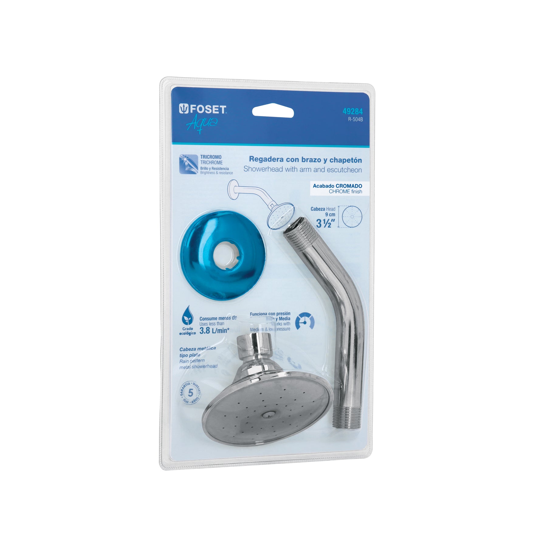 Regadera redonda 3-1/2", metálica, brazo y chapetón, blíster, Foset, R-504B, 49284