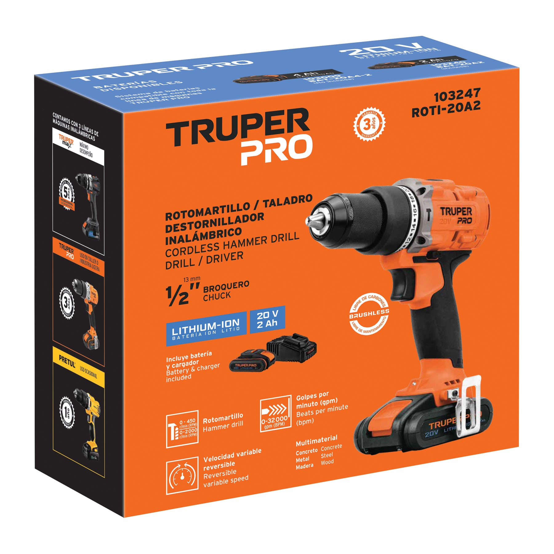 Rotomartillo inalámbrico 1/2", 20V, 1 batería 2Ah, PRO
