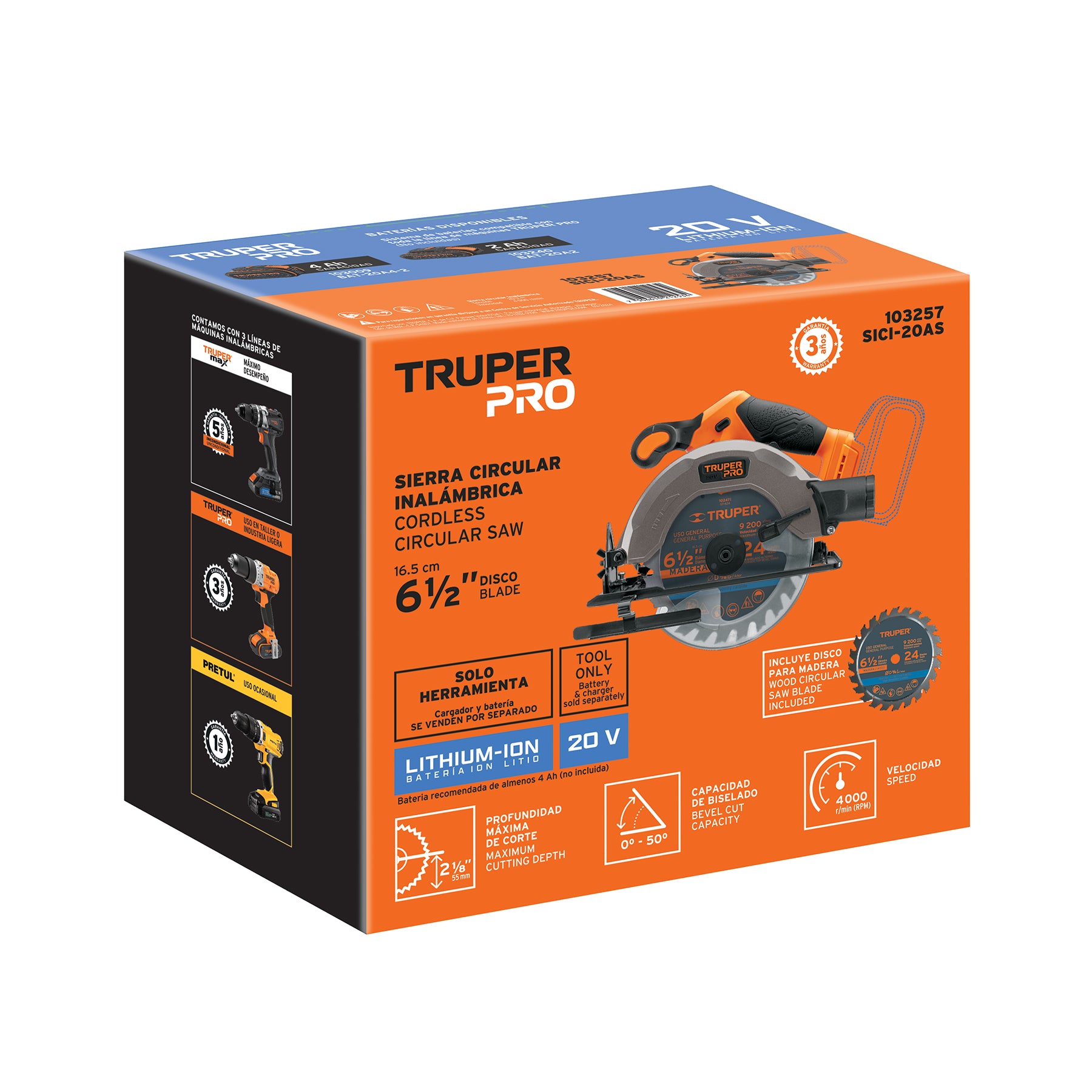 Sierra circular inalámbrica 6-1/2", 20V, sin accesorios, PRO