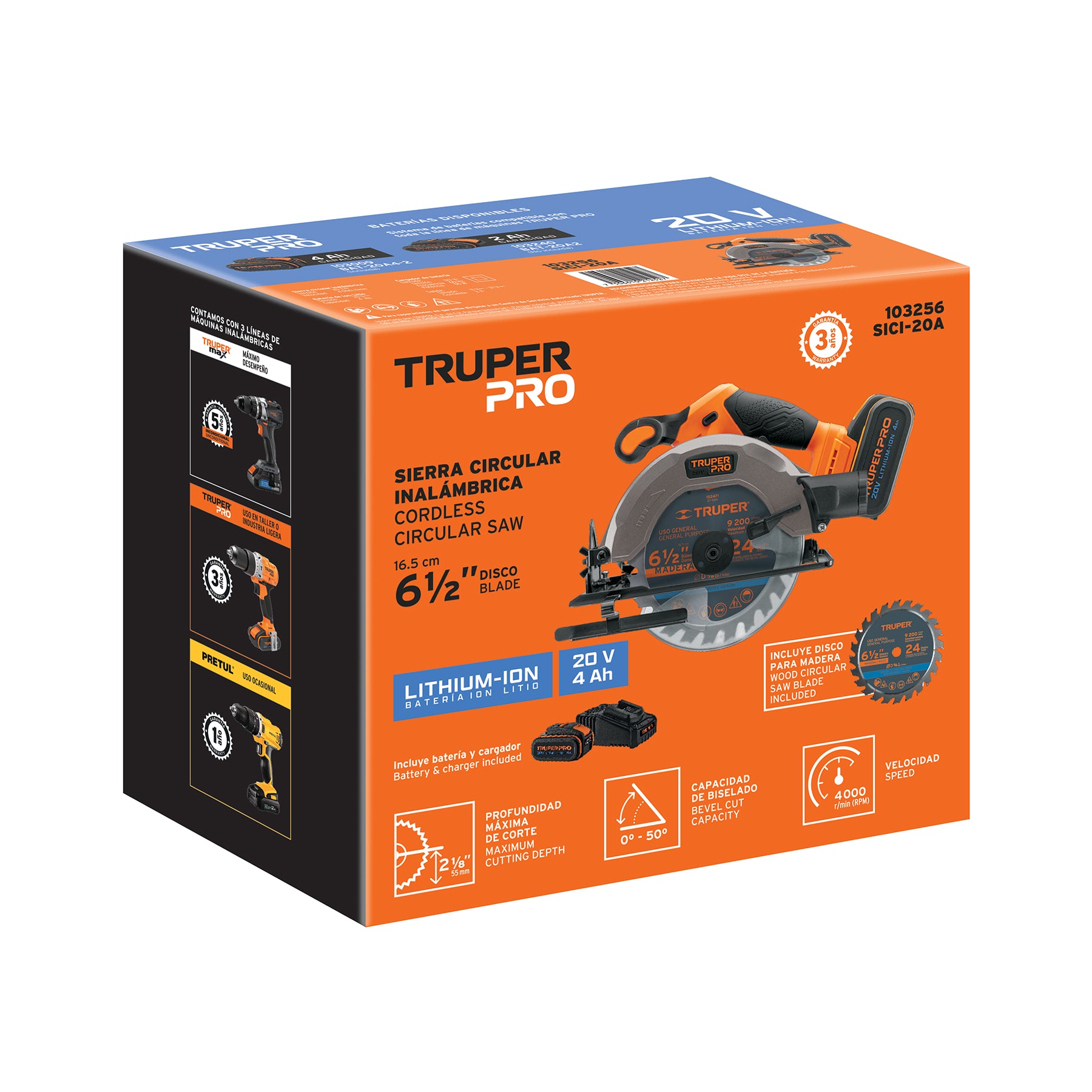 Sierra circular inalámbrica 6-1/2", 20V, 1 batería 4Ah, PRO