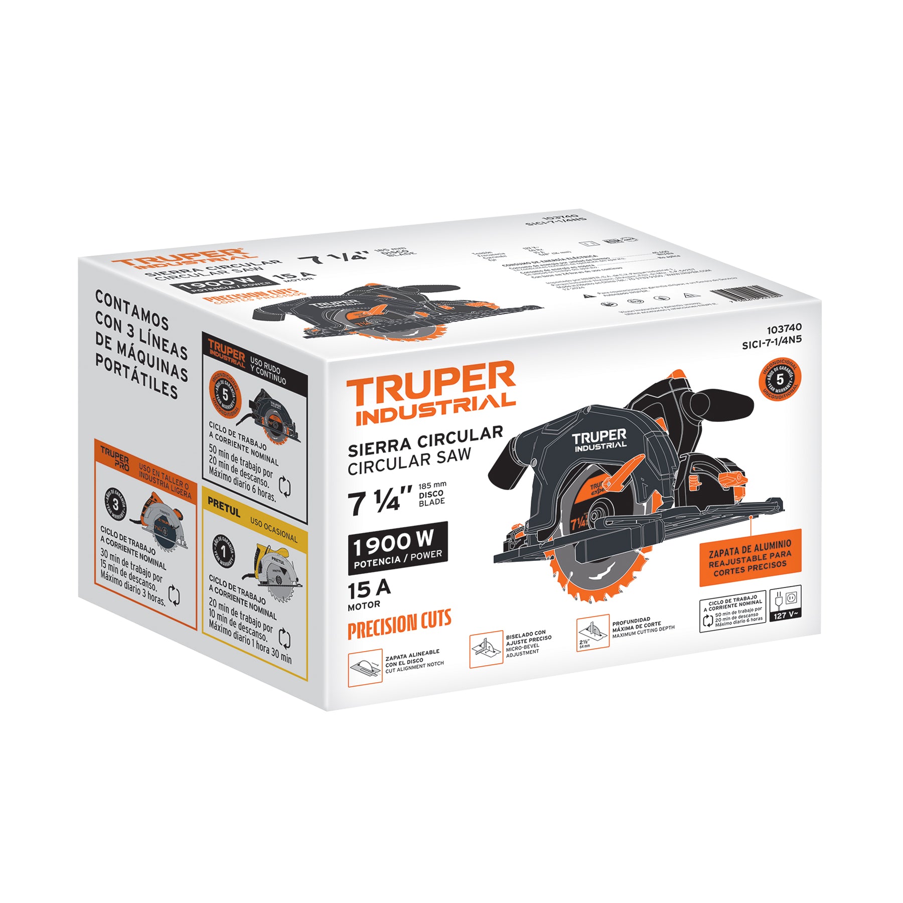 Sierra circular 7-1/4" 1900W INDUSTRIAL, Truper, SICI-7-1/4N5, 103740