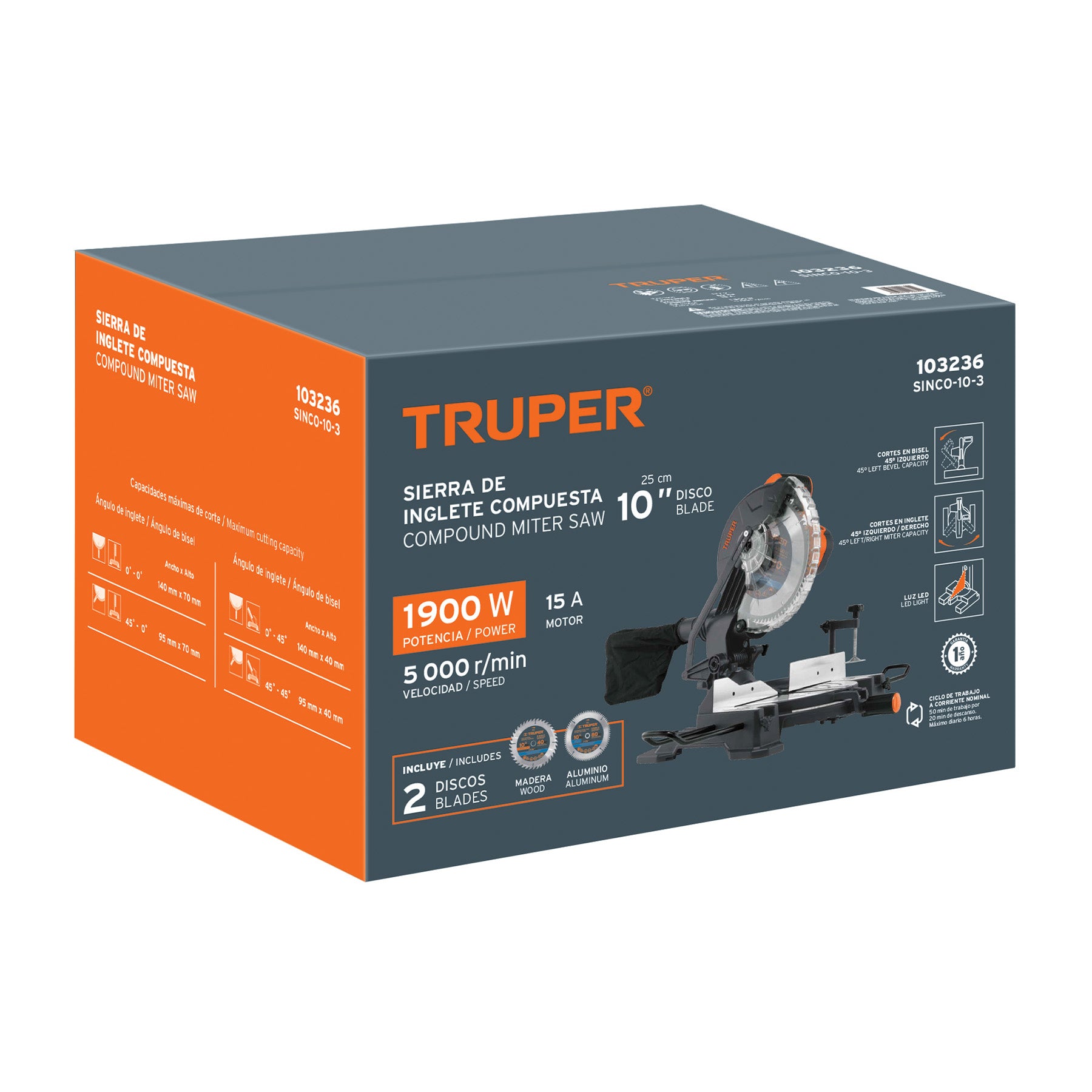 Sierra de inglete 10", 1900W compuesta, Truper