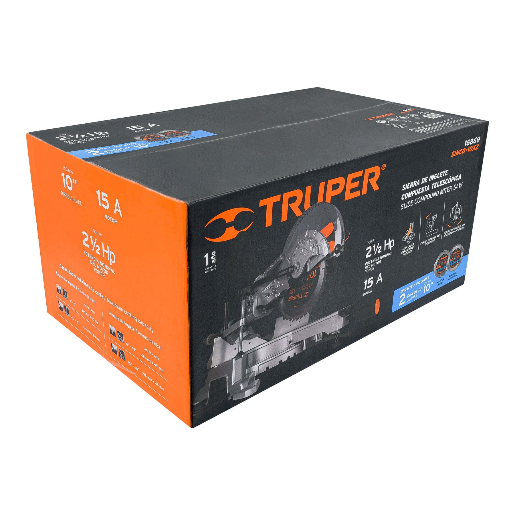 Sierra de inglete 10", 1900W telescópica compuesta, Truper