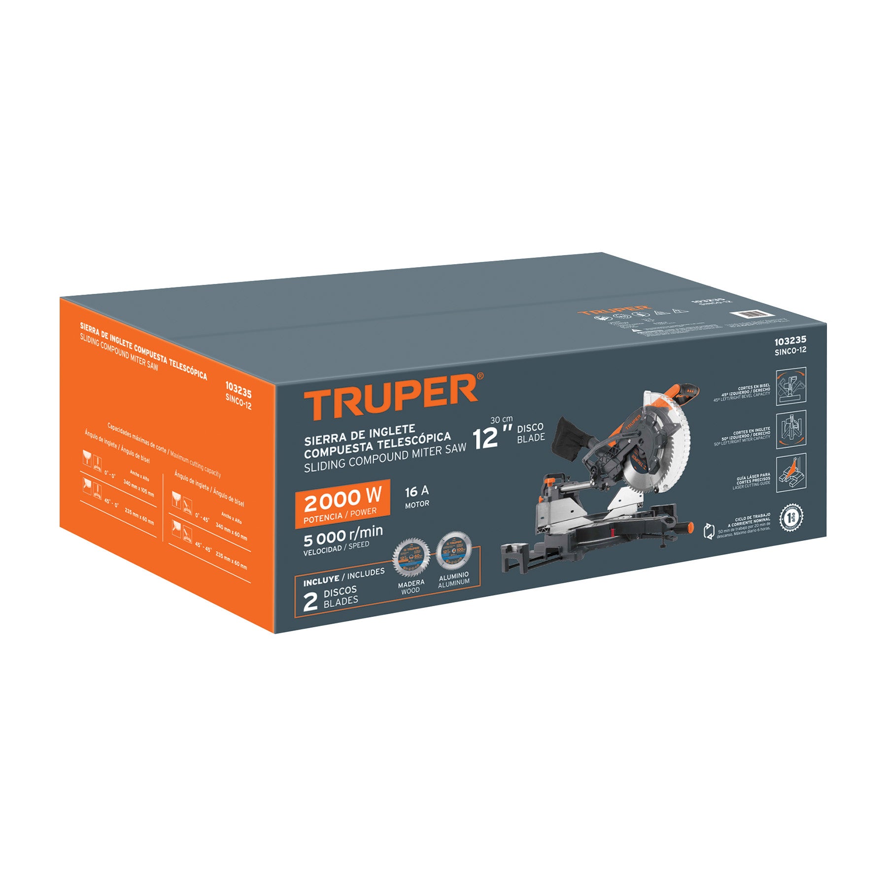 Sierra de inglete 12", 2000W telescópica compuesta, Truper