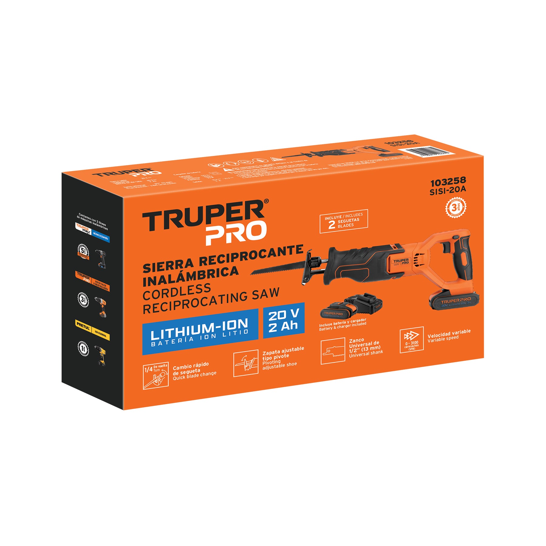 Sierra sable inalámbrica, 20V, 1 batería 2Ah, PRO