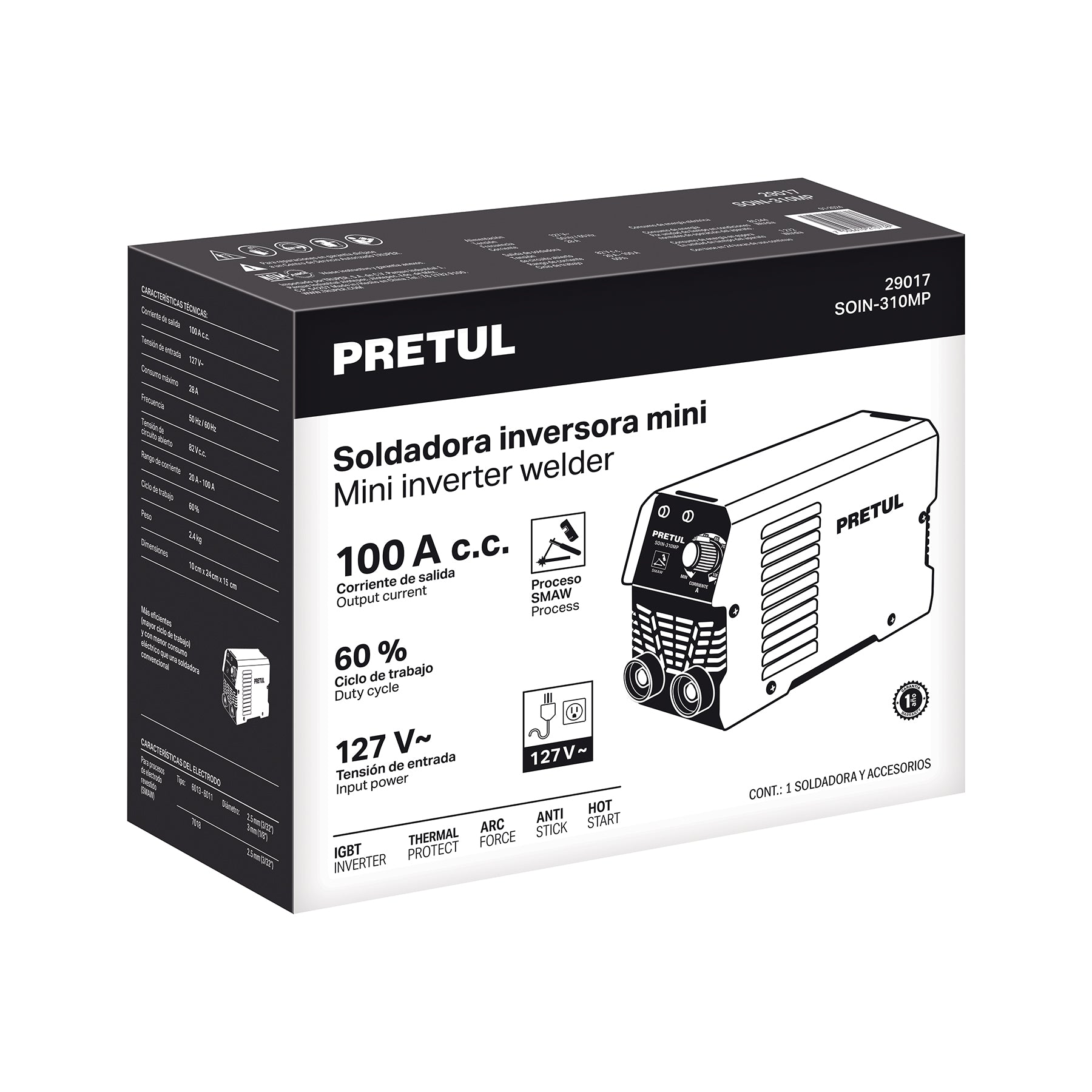Mini soldadora inversora 100A, 127V, Serie 300, PRETUL