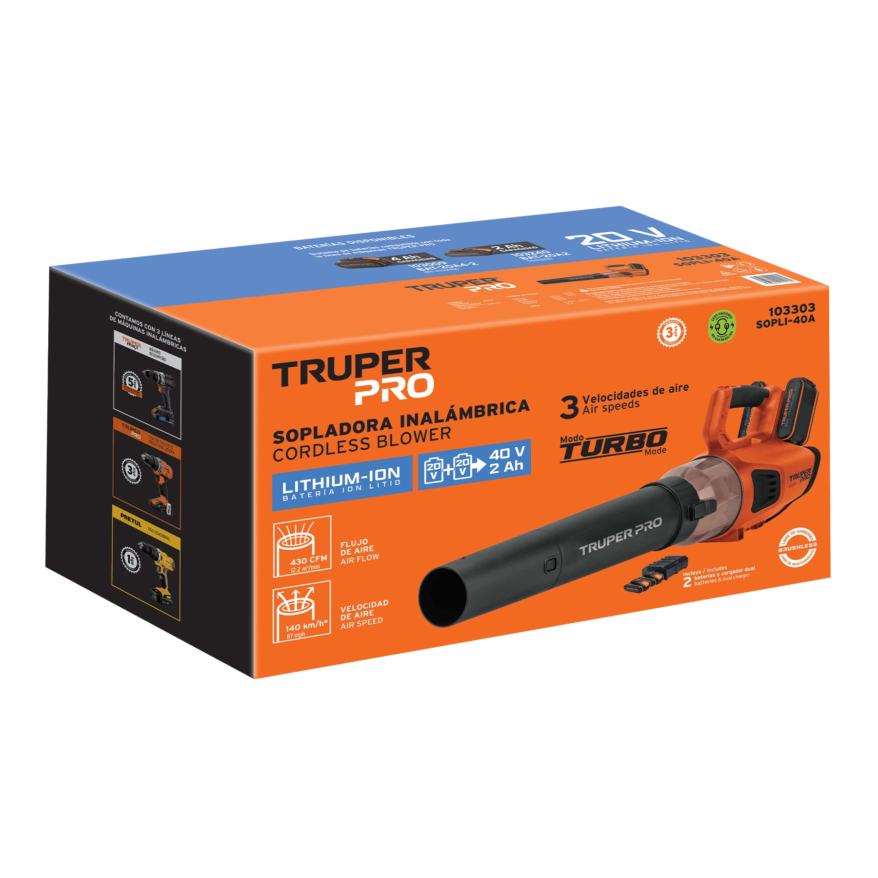 Sopladora inalámbrica 40V, 2 baterías 2Ah, 1 cargador dual, PRO