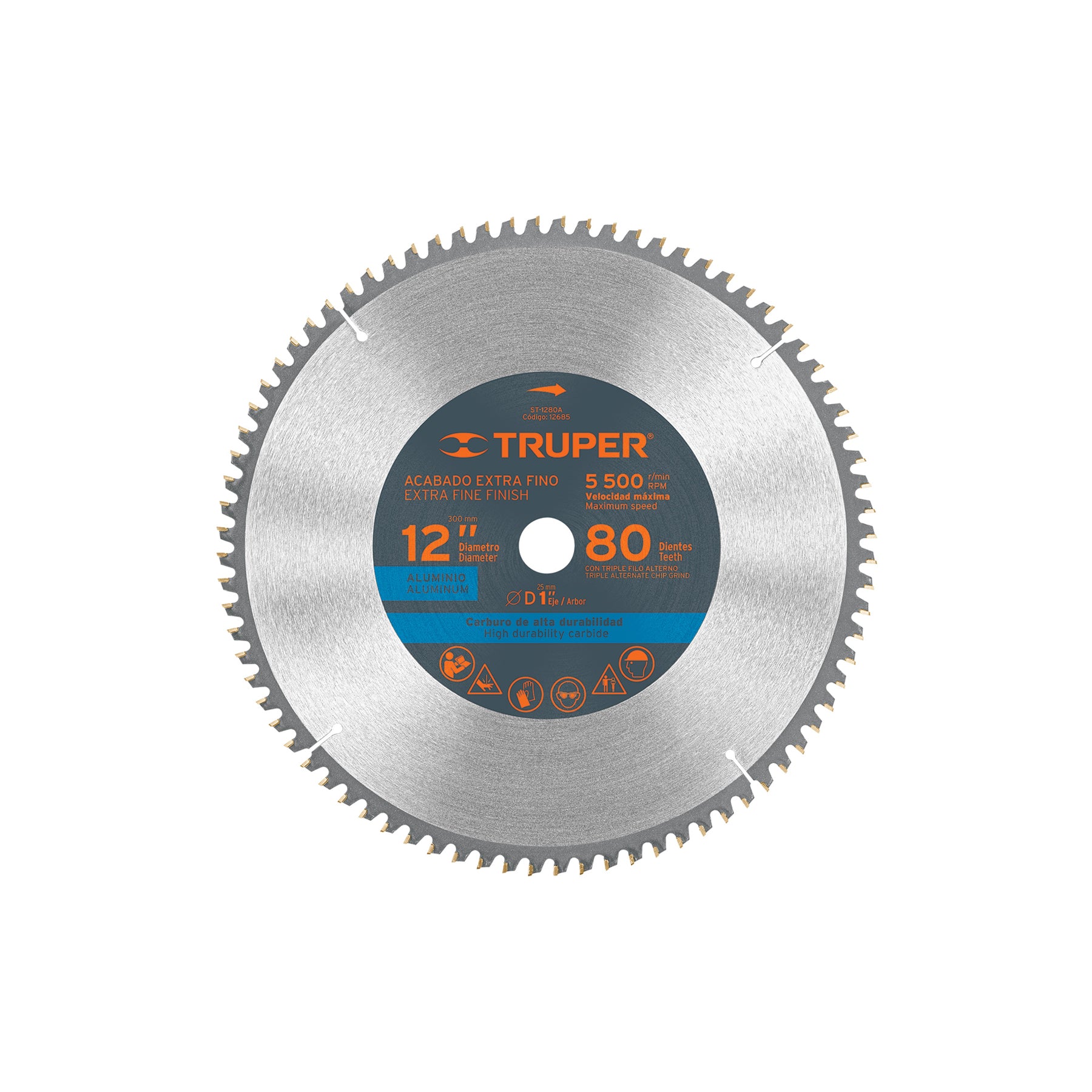 Disco sierra 12" para aluminio, 80 dientes centro 1", Truper