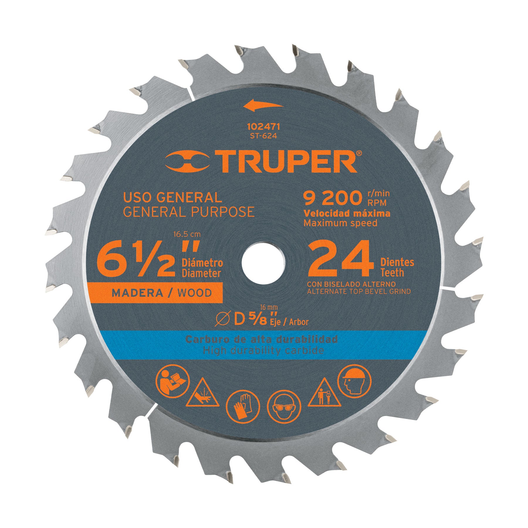 Disco sierra 6-1/2" para madera, 24 dientes con centro 5/8"