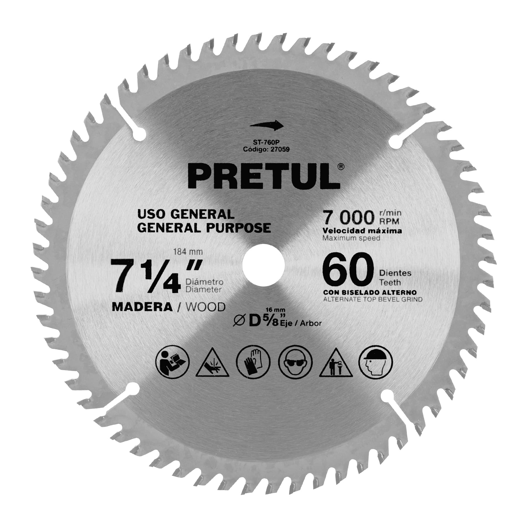 Disco sierra 7-1/4" para madera, 60 dientes centro 5/8", Pretul