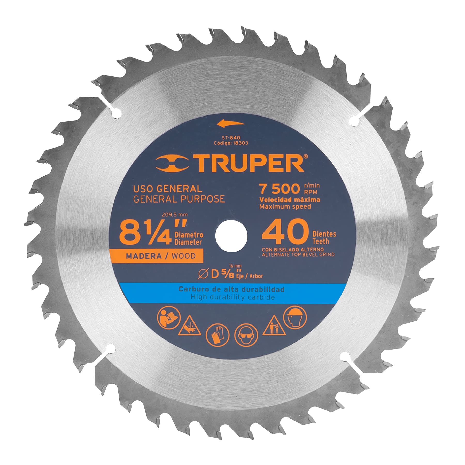 Disco sierra 8-1/4" para madera, 40 dientes centro 5/8"