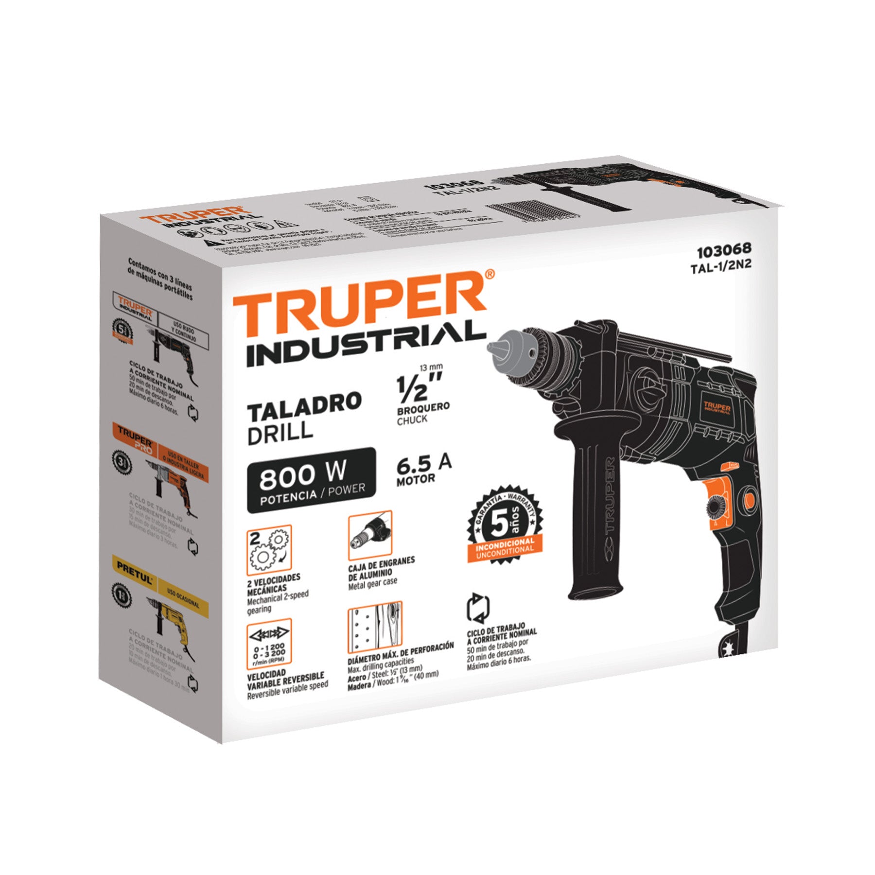 Taladro 1/2", 800W dos velocidades, Truper industrial