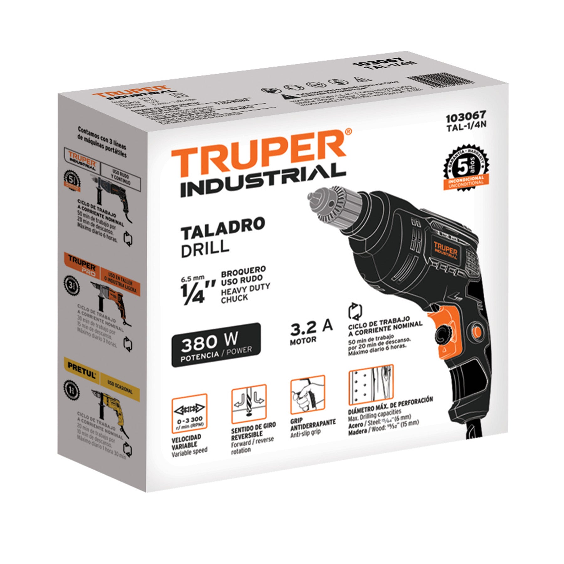 Taladro 1/4", 380W, Truper industrial