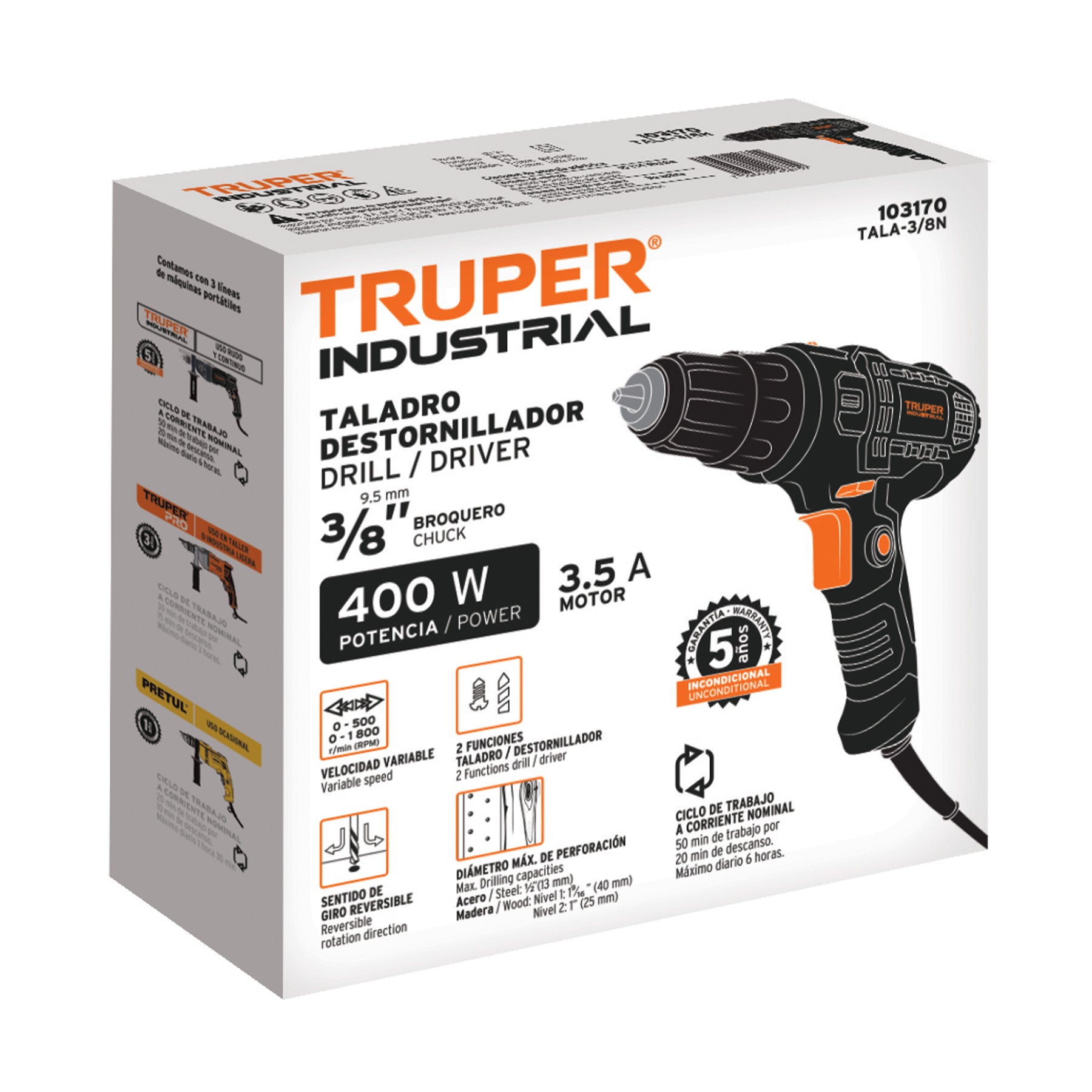 Taladro atornillador 3/8", 400W, Truper industrial