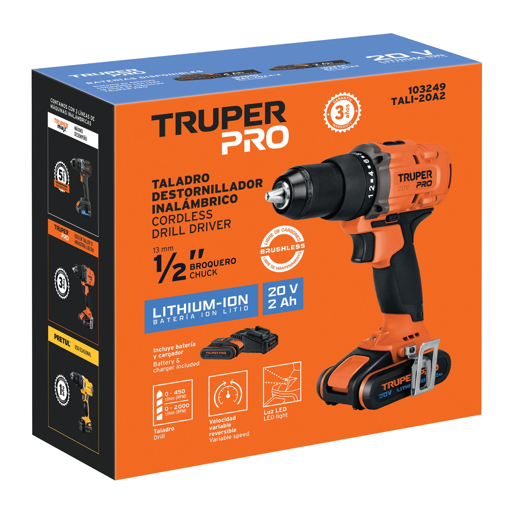 Taladro inalámbrico 1/2", 20V, 1 batería 2Ah, PRO