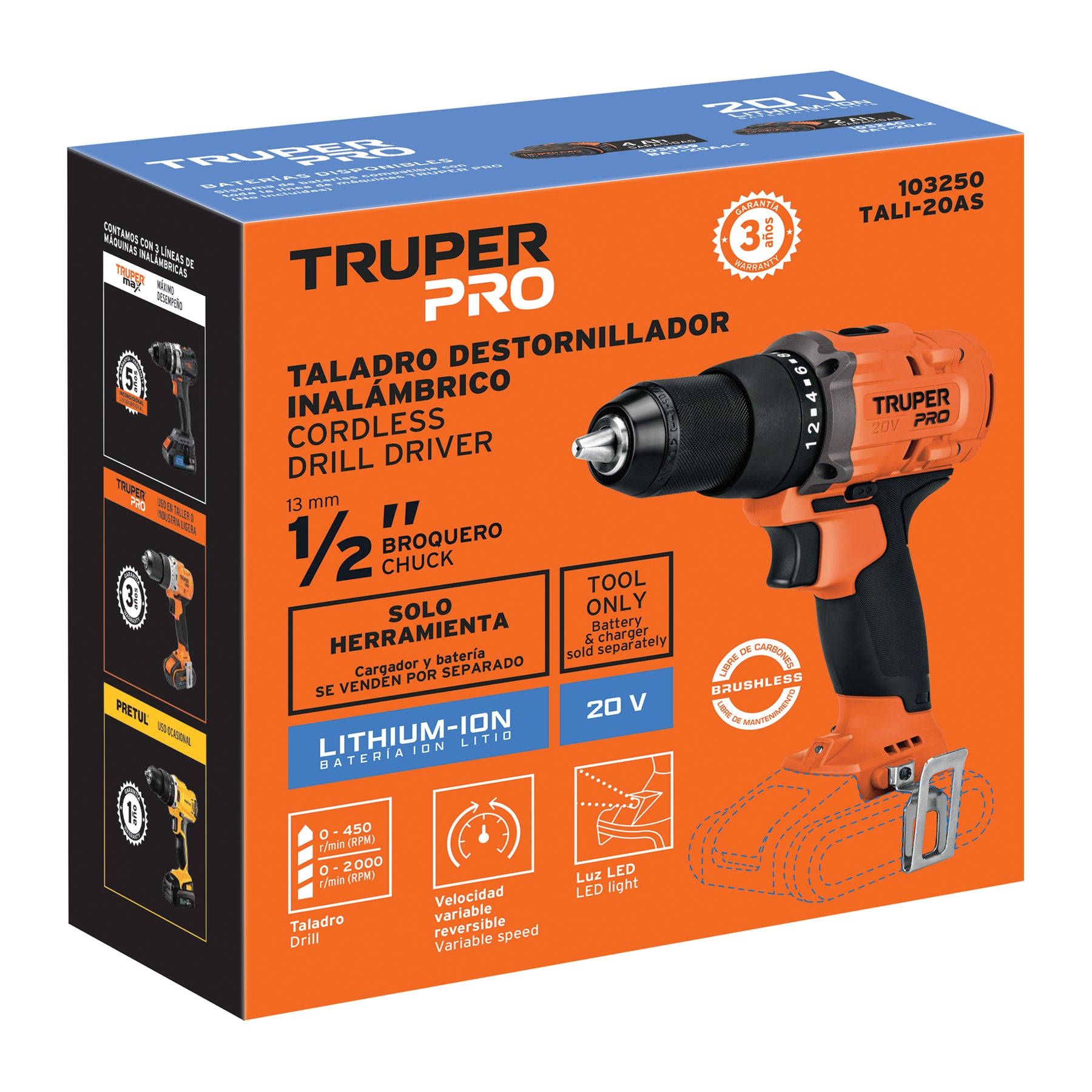 Taladro inalámbrico 1/2", 20V, sin accesorios, PRO