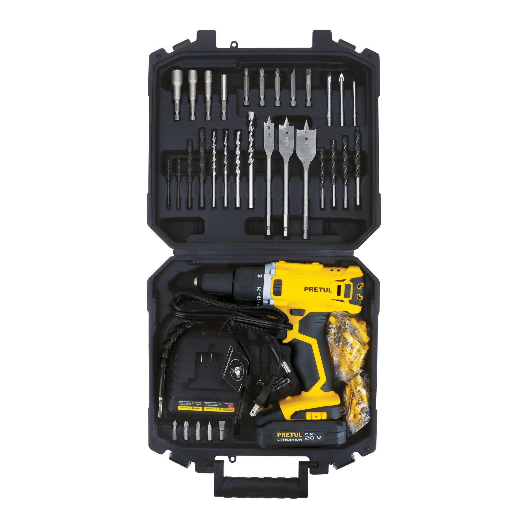 Kit taladro inalámbrico 1/2", 20V, 1 batería 2Ah, 32 accesorios, Pretul