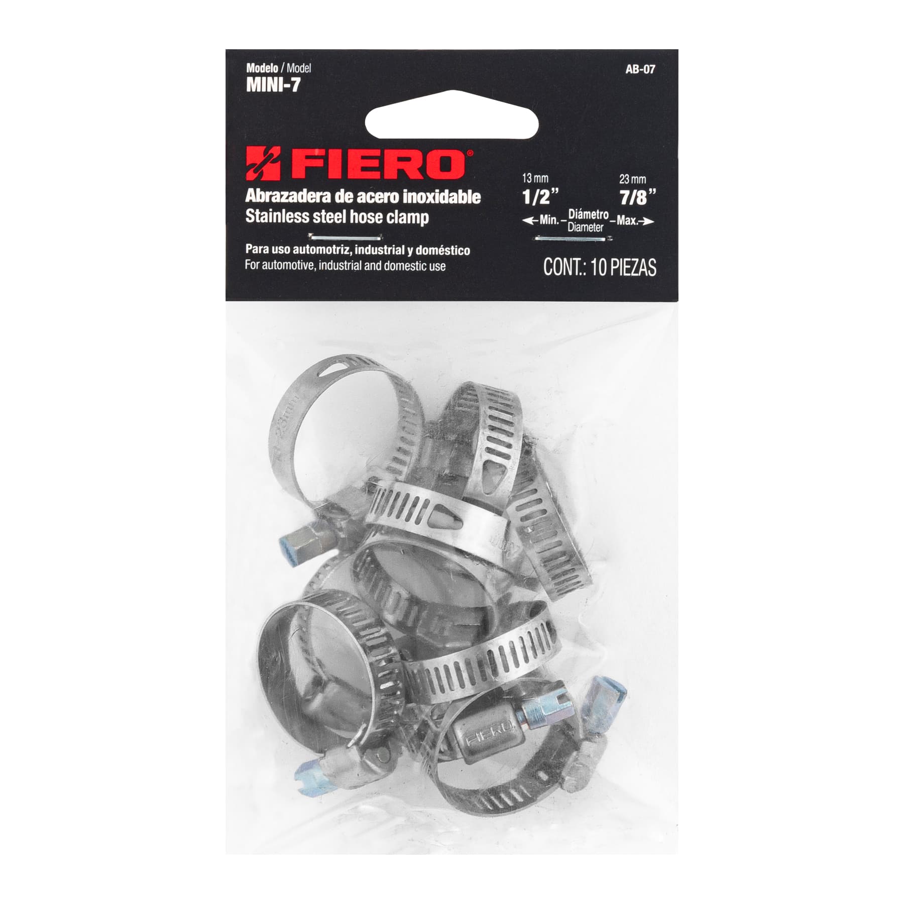 Bolsa con 10 abrazaderas mini sin fin reforzadas #7, 1/2 -7/8"
