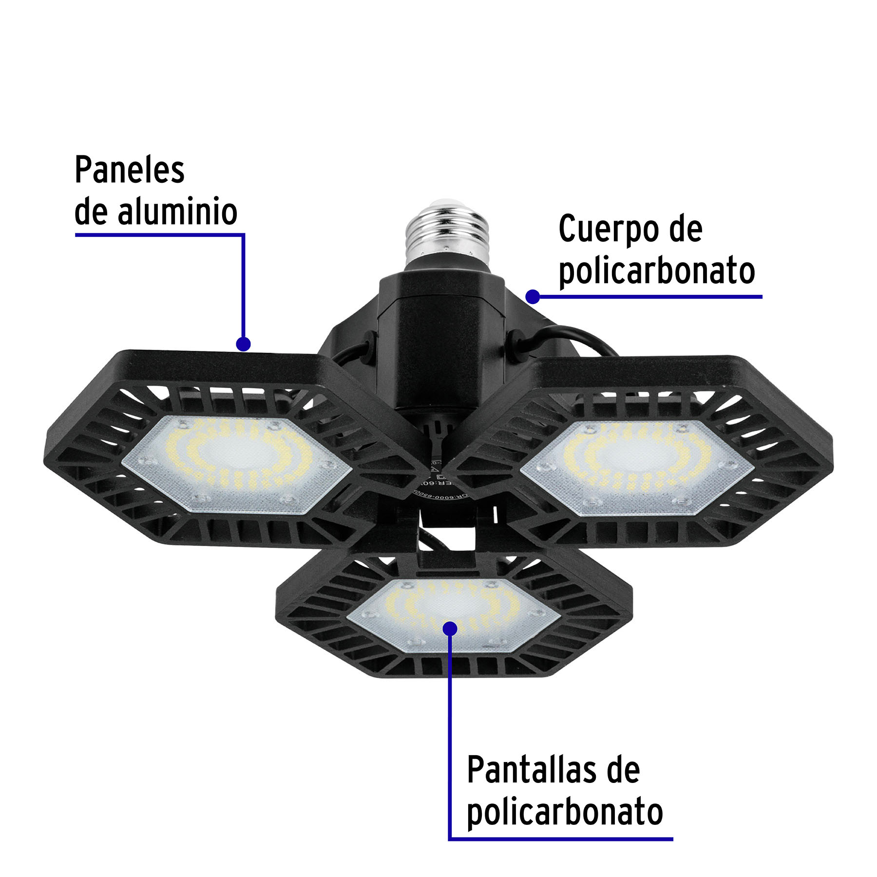 Luminario de LED 65 W, aluminio con 3 paneles abatibles