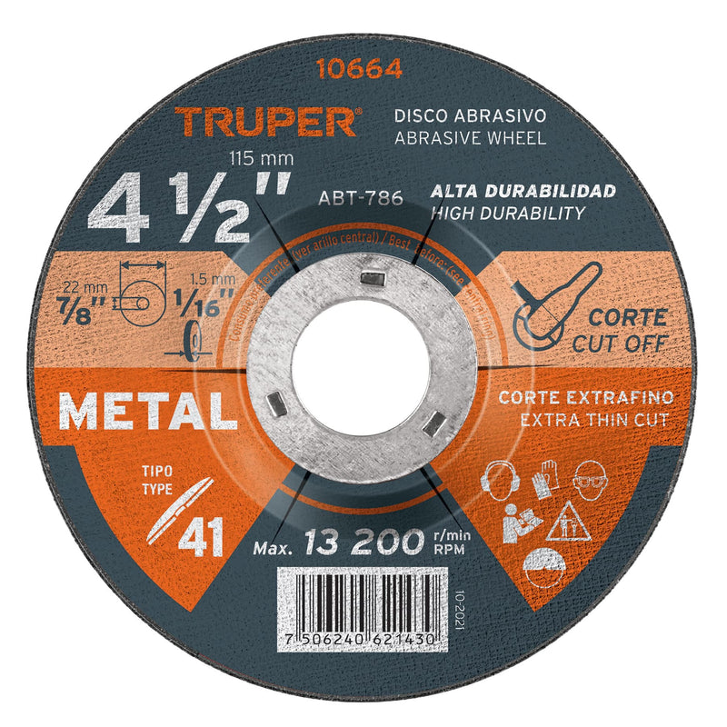 Disco de 4-1/2" para corte de metal,  tipo 41,  Truper